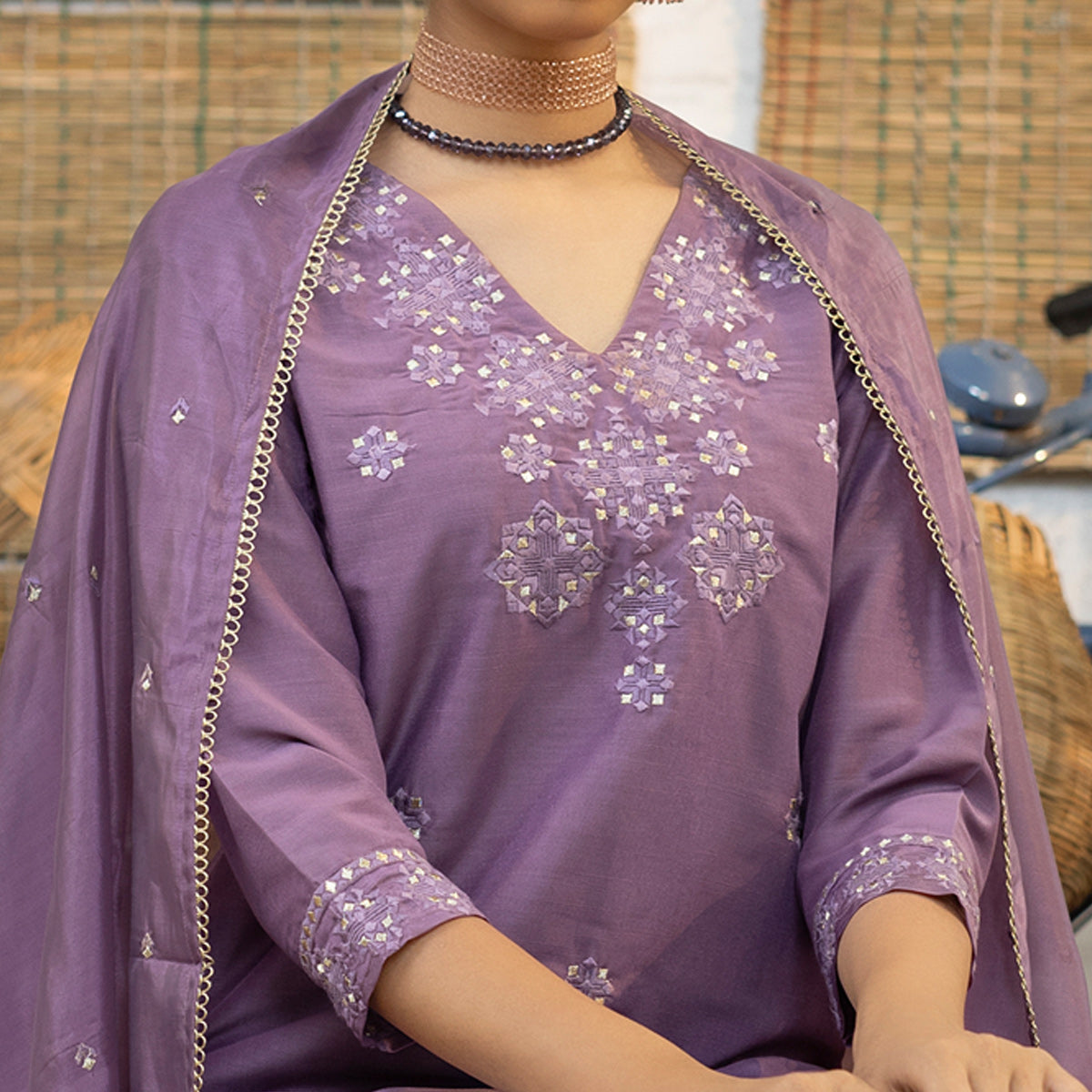 Purple Floral Embroidered Chanderi Salwar Suit