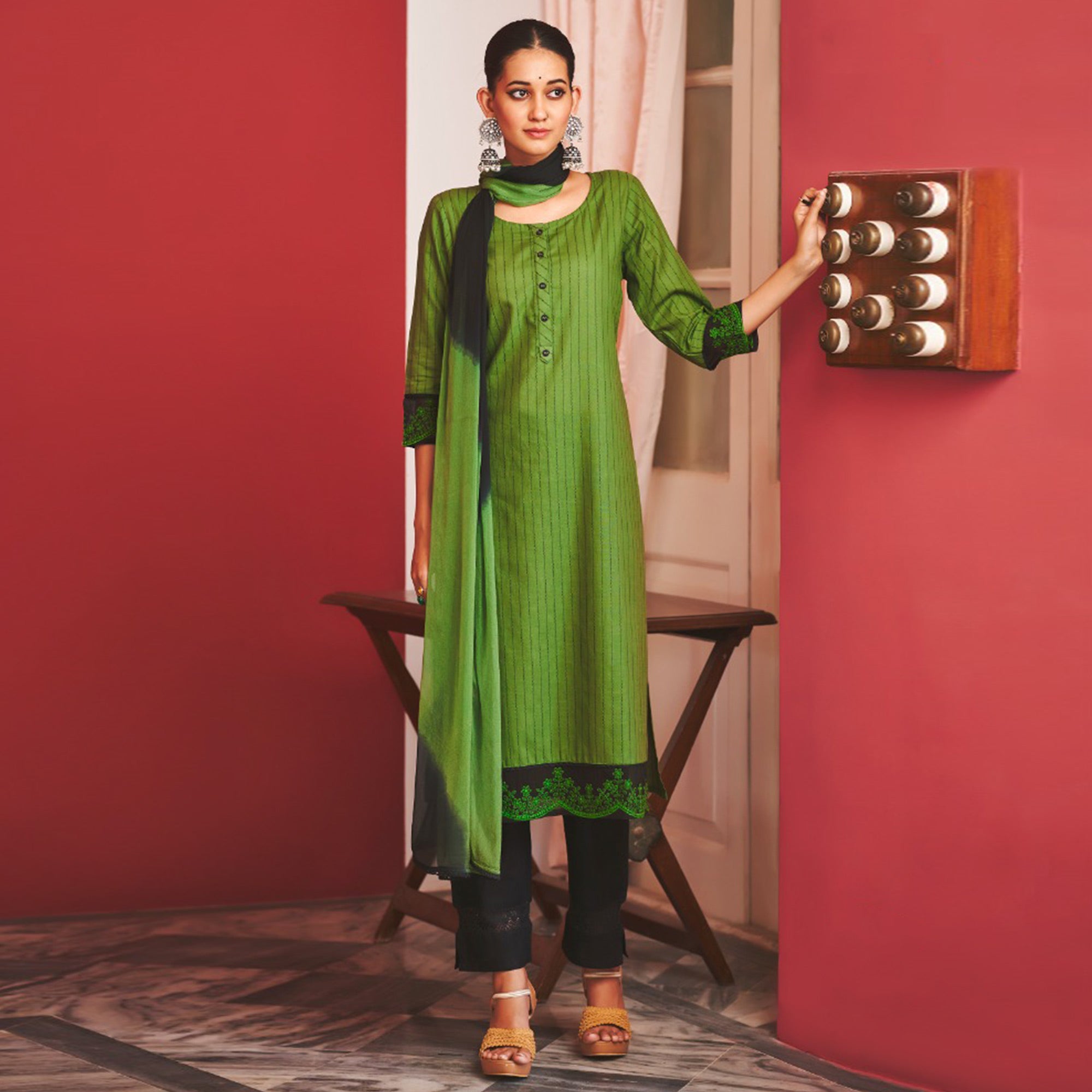 Green Striped Printed Pure Cotton Salwar Suit