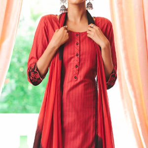 Red Striped Printed Pure Cotton Salwar Suit