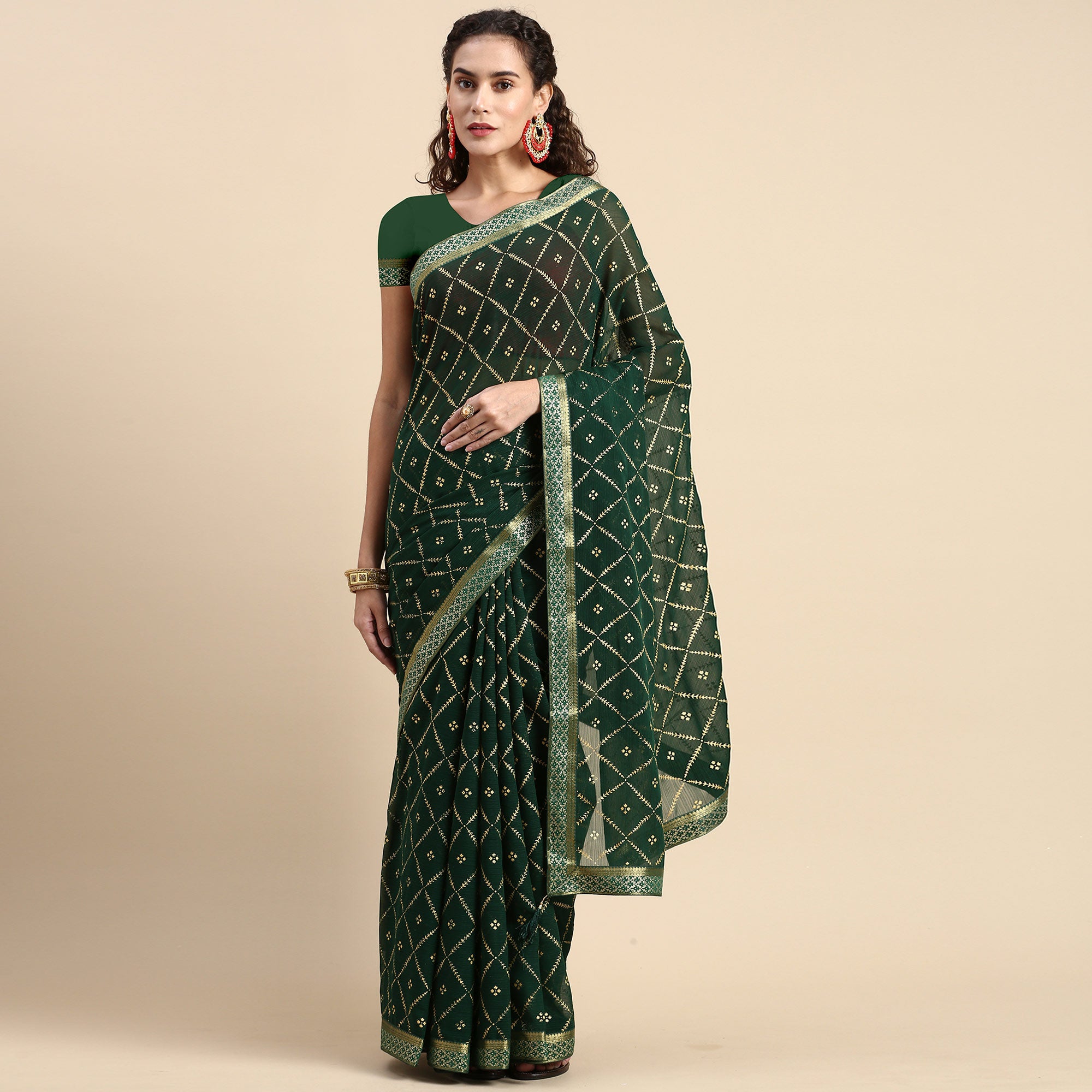 Green Floral Foil Printed Zomato Saree