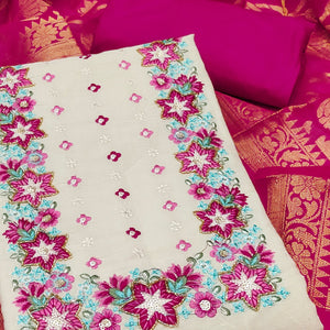Floral Sequins Embroidered Cream & Pink Pure Cotton Dress Material With Delicate Handwork