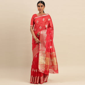 Rani Pink Woven Organza Saree