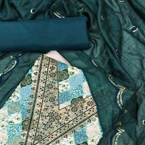 Rama Blue Digital Printed With Embroidered Cotton Blend Dress Material