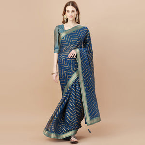 Blue Foil Printed Chiffon Saree With Lace Border