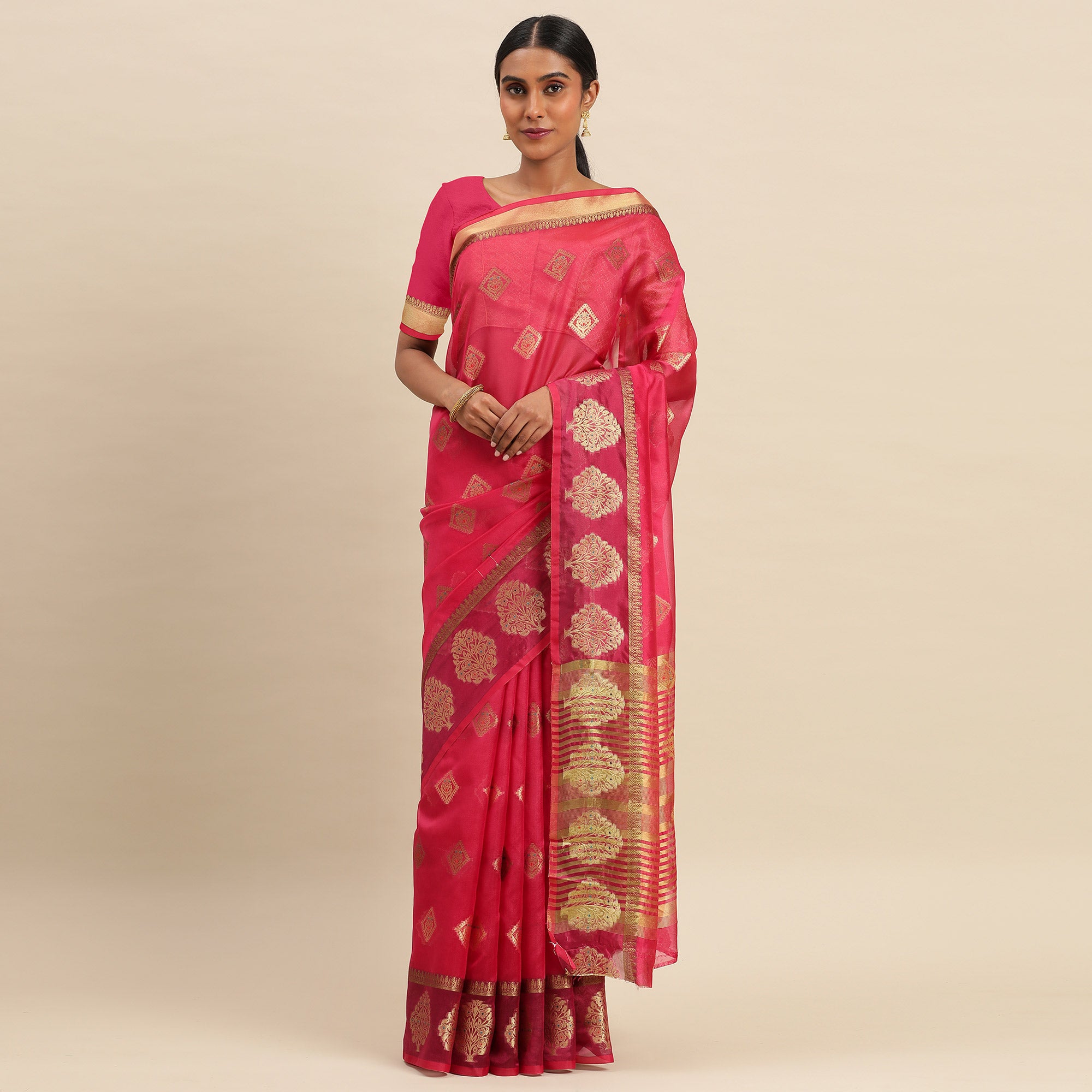 Rani Pink Woven Organza Saree