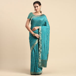Blue Foil Printed With Swarovski Vichitra Silk Saree