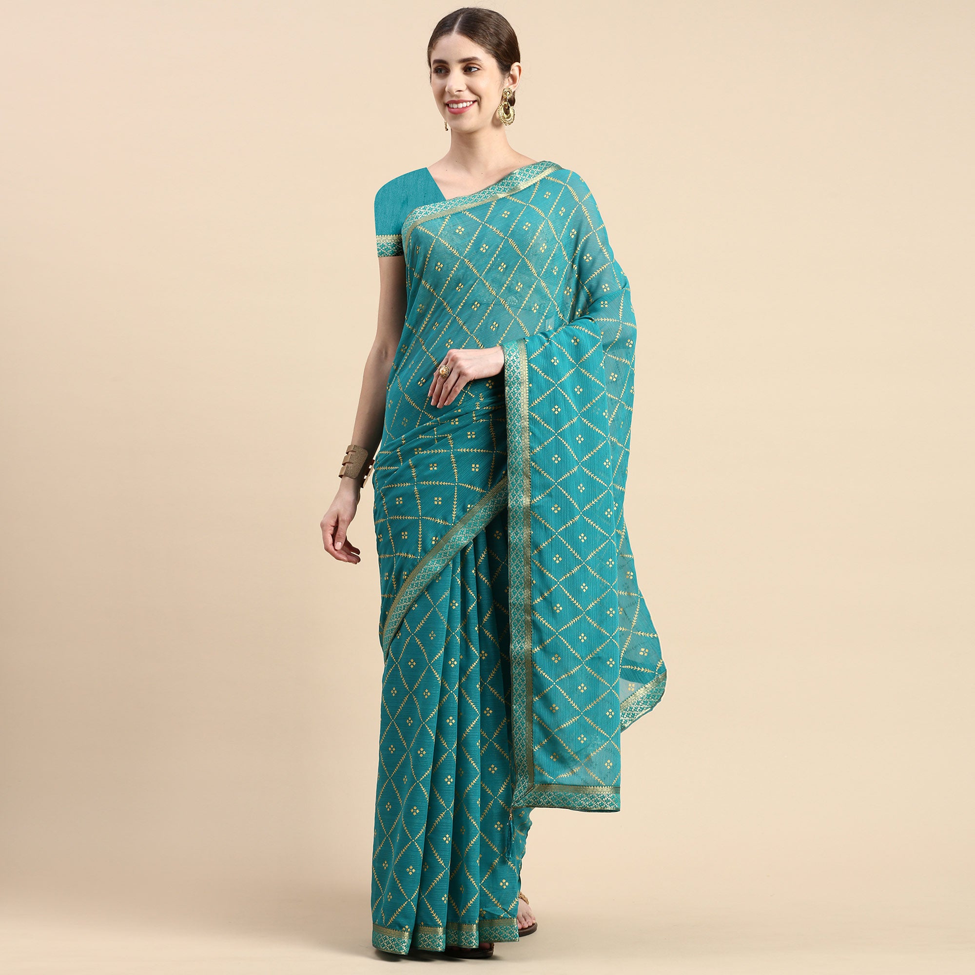 Turquoise Green Floral Foil Printed Zomato Saree