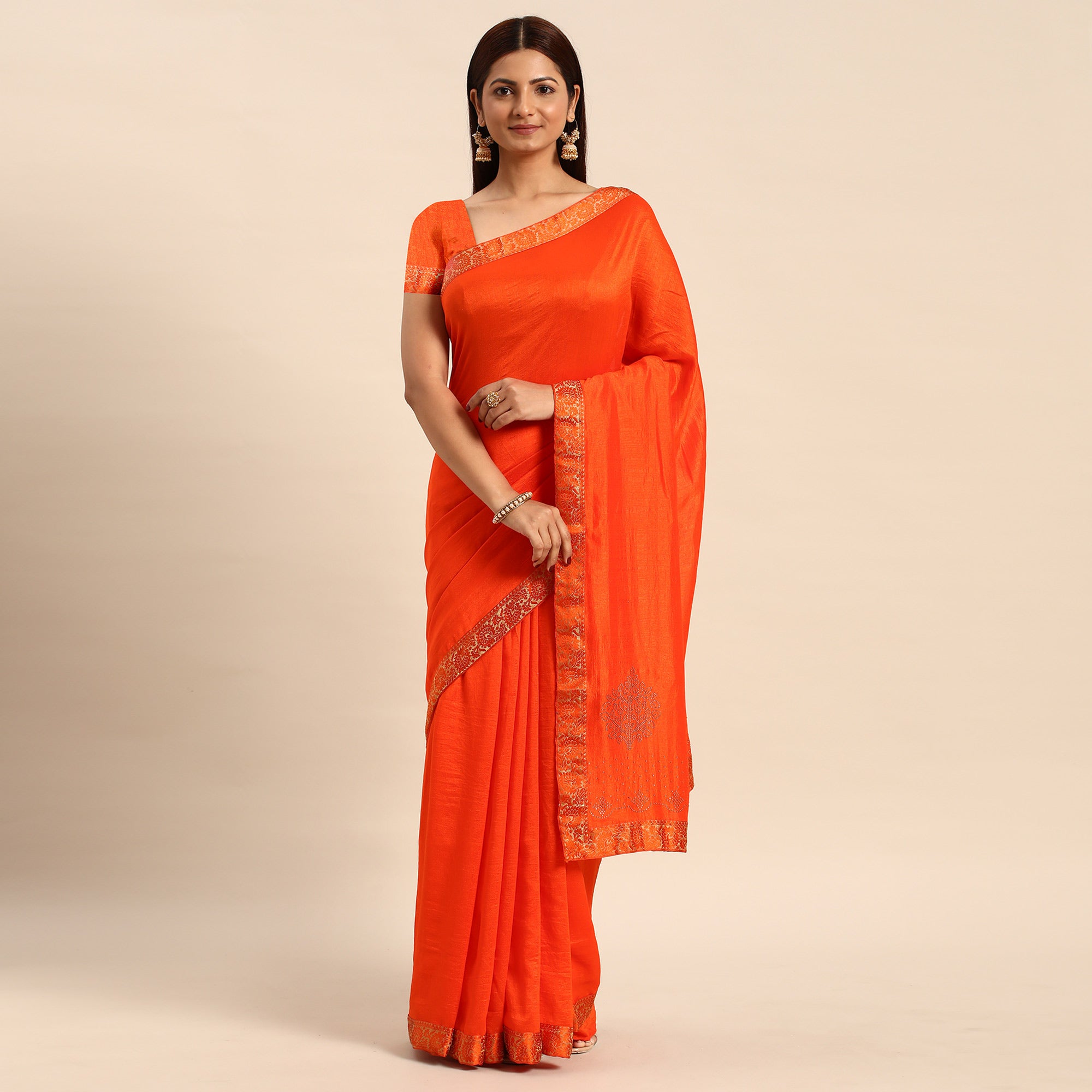 Orange Swaroski Work Vichitra Silk Saree