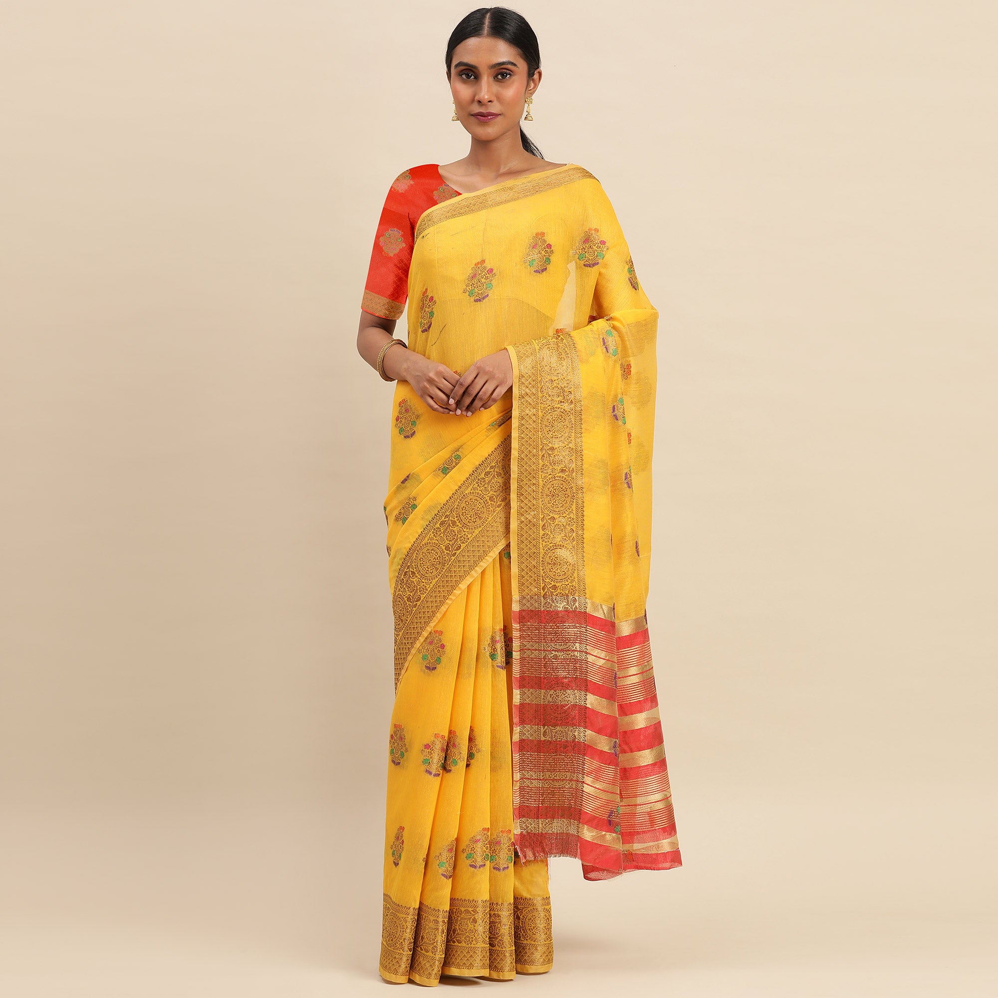 Yellow Woven Cotton Silk Saree