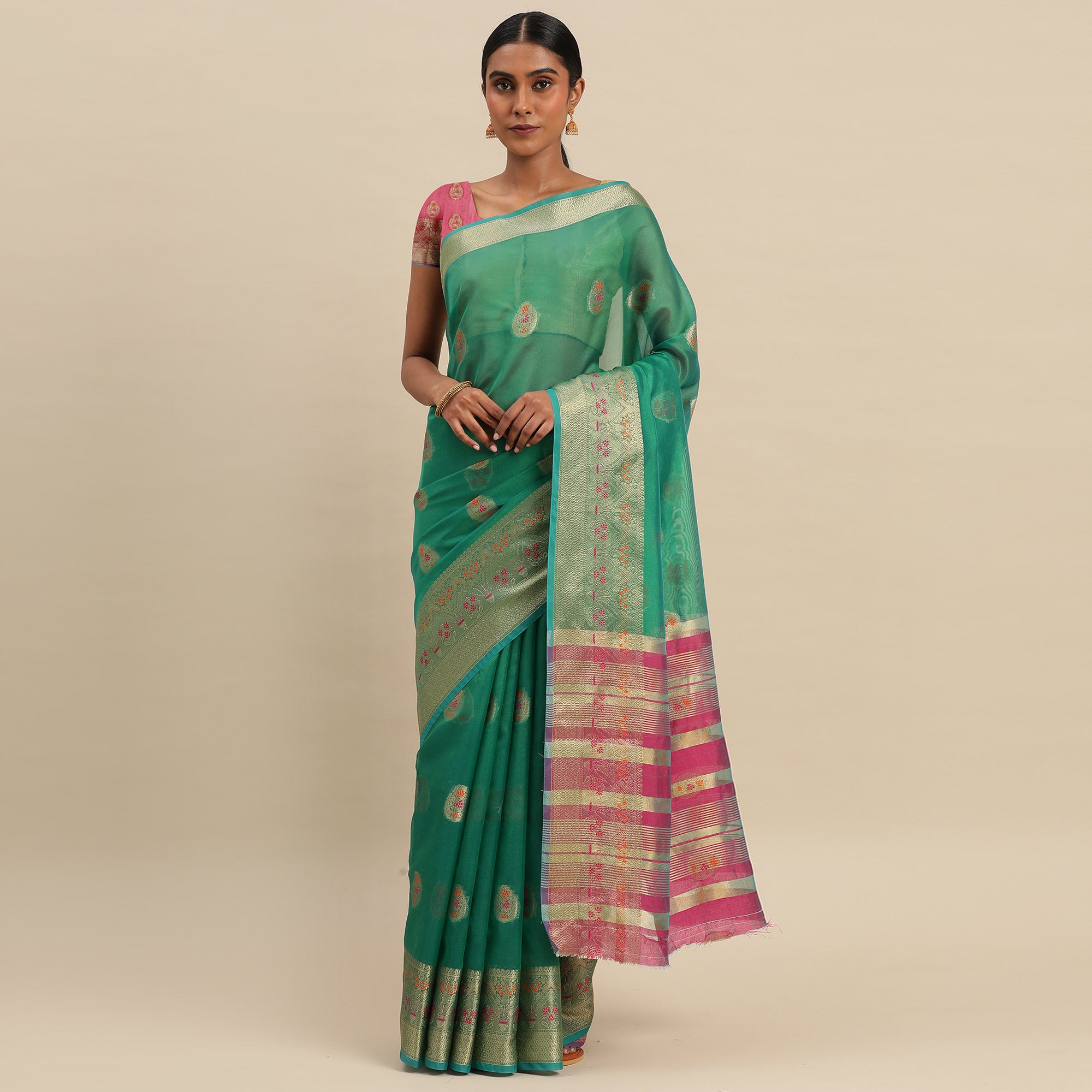 Morpich Green Woven Organza Saree