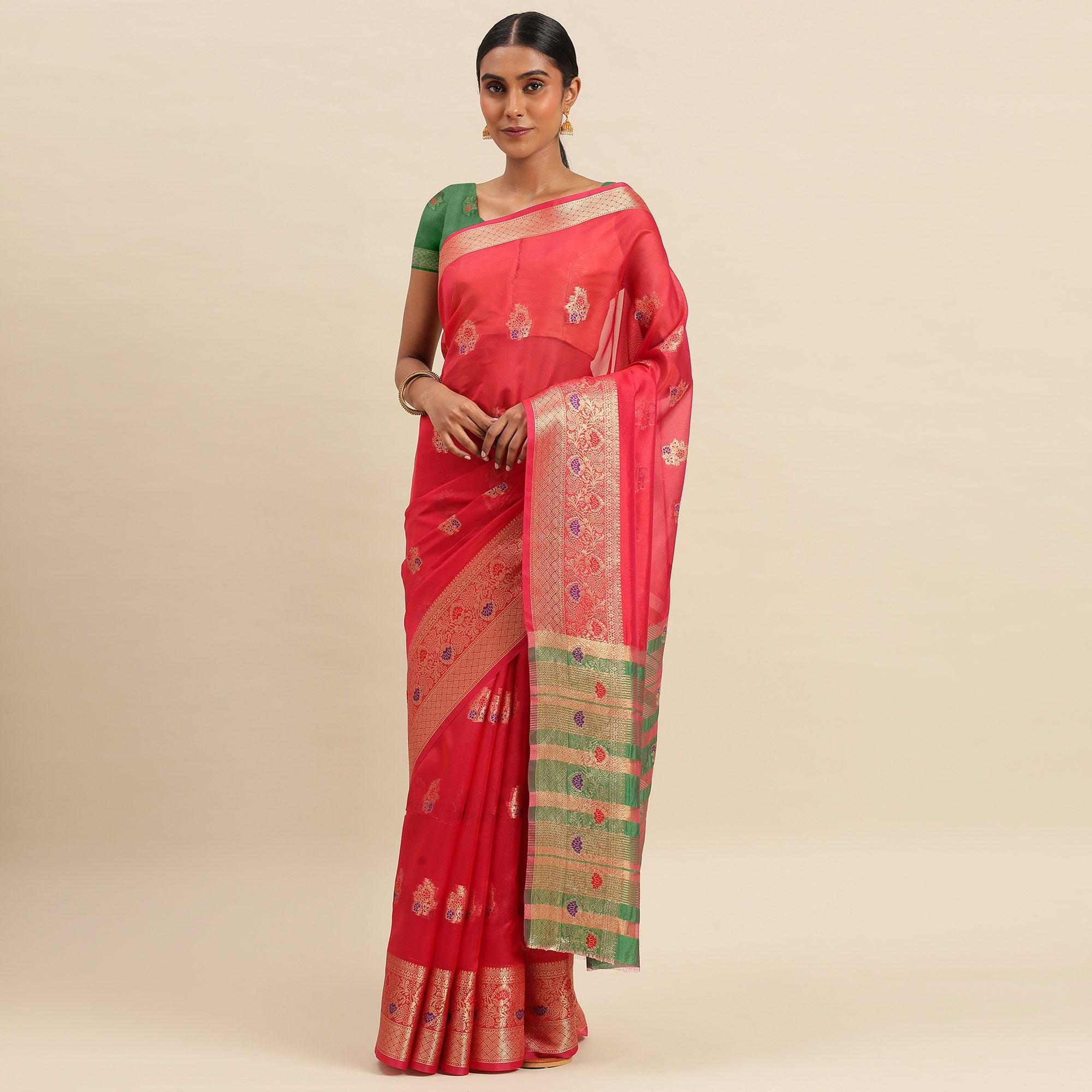 Rani Pink Woven Organza Saree
