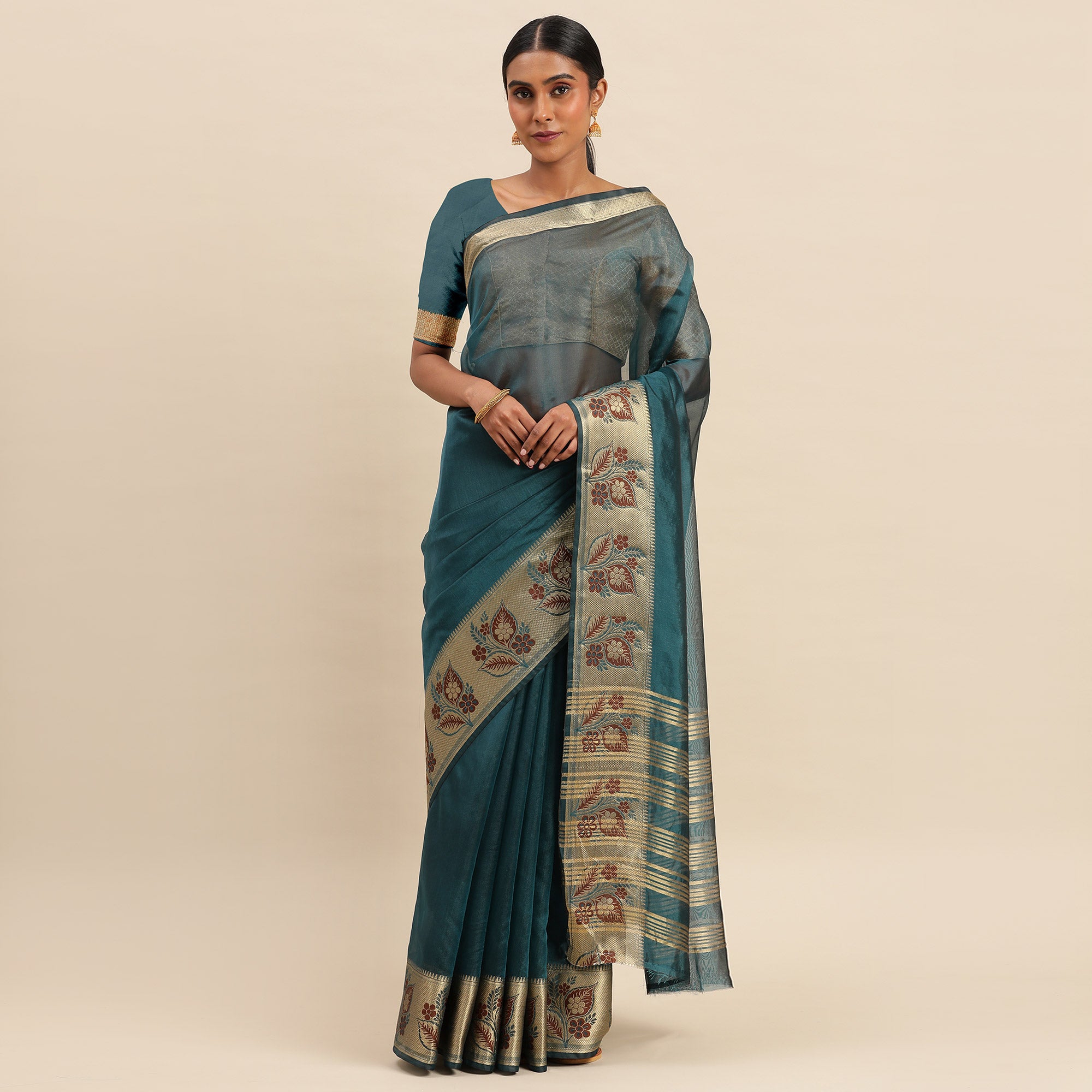 Petrol Blue Woven Cotton Silk Saree