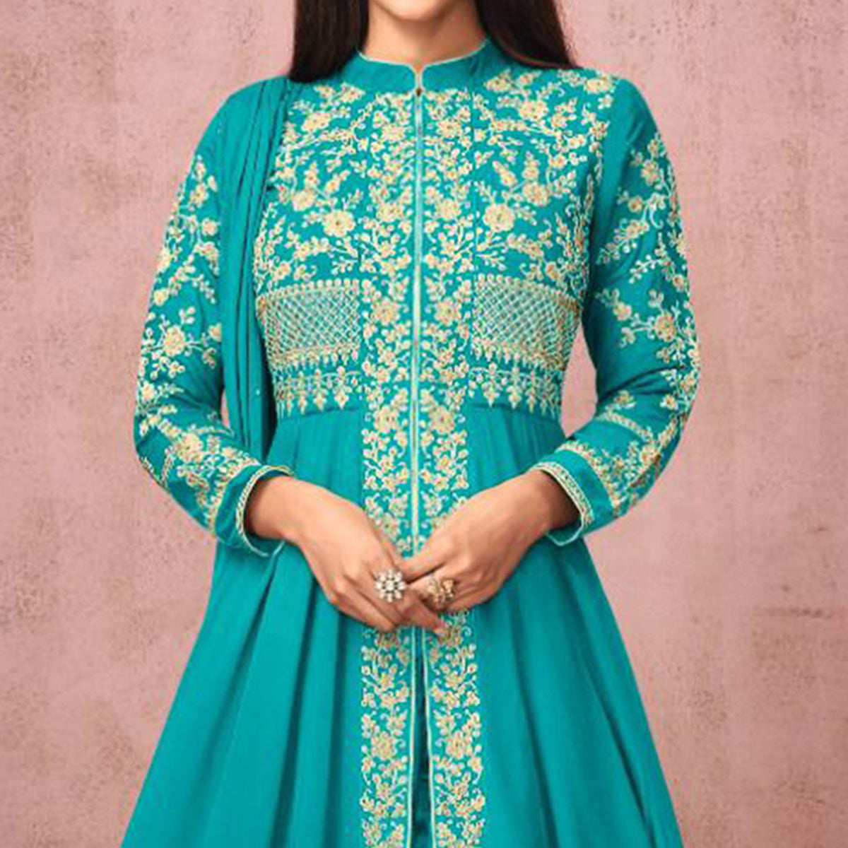Turquoise Embroidered Georgette Front Slit Suit