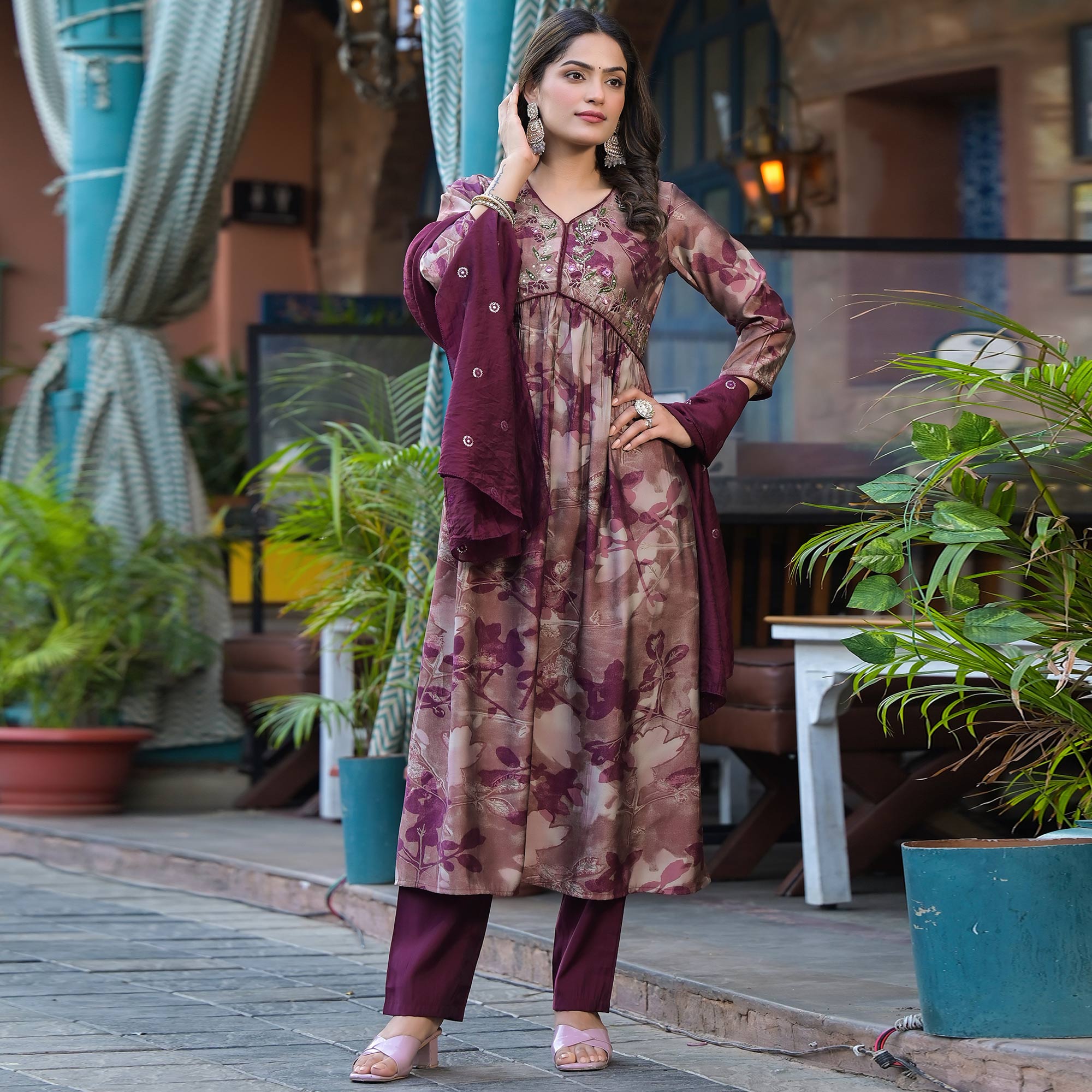 Chikoo & Wine Floral Printed Alia Cut Chanderi Silk Salwar Suit