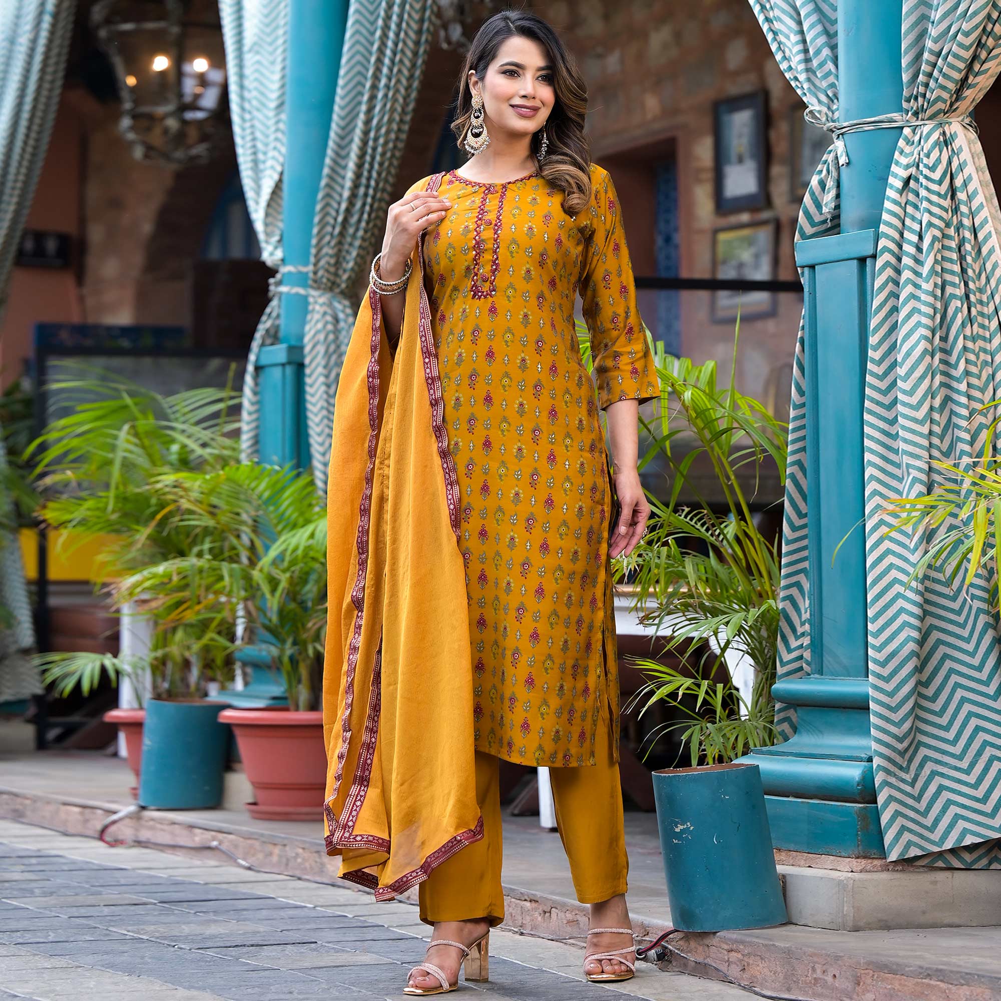 Mustard Floral Kantha Work Embroidered Chanderi Silk Salwar Suit