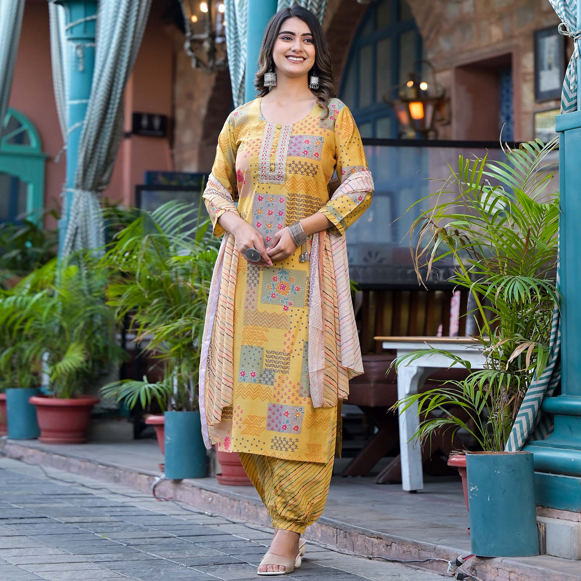 Yellow Digital Printed Chanderi Silk Salwar Suit