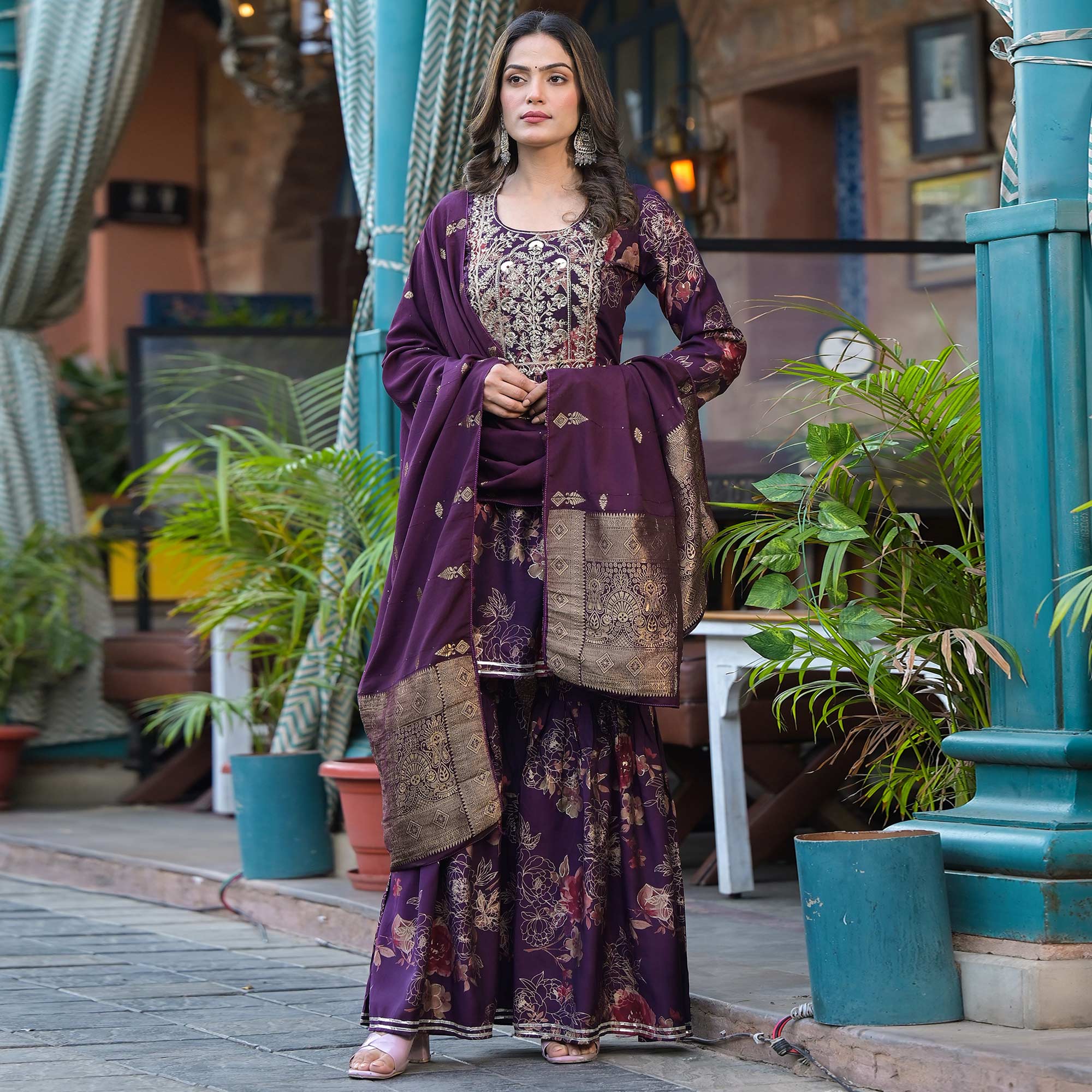 Wine Floral Embroidered Chanderi Silk Sharara Suit