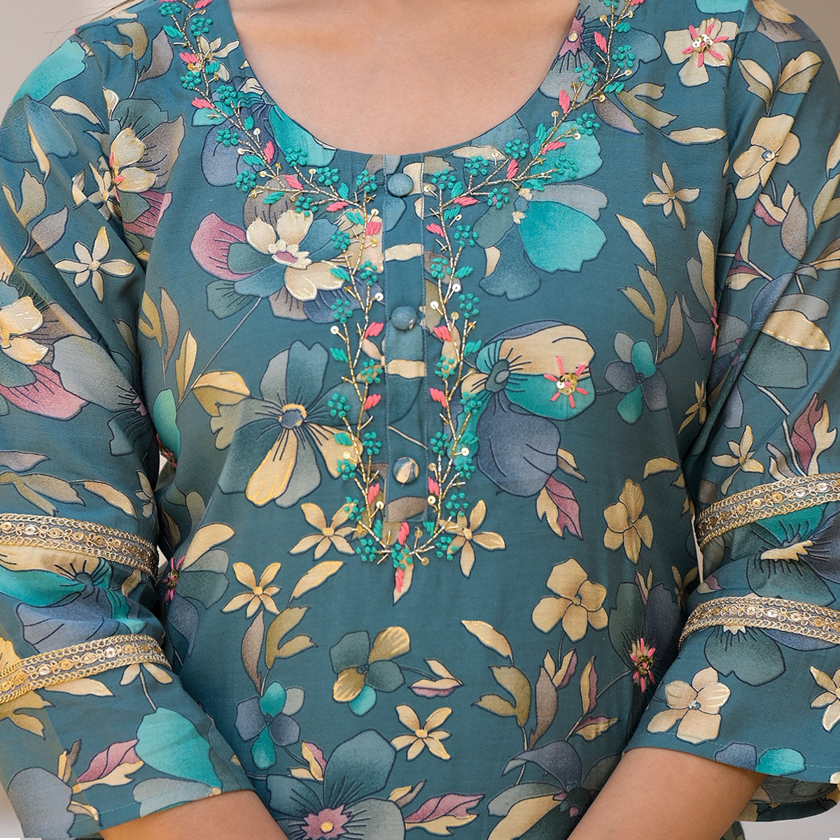 Turquoise Floral Printed Chanderi Silk Straight Salwar Suit