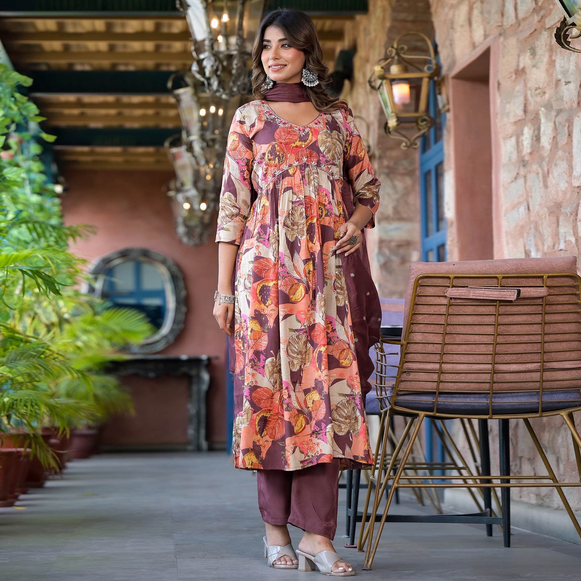 Coffee Brown Floral Foil Printed Muslin Alia Cut Salwar Suit With Handcrafted