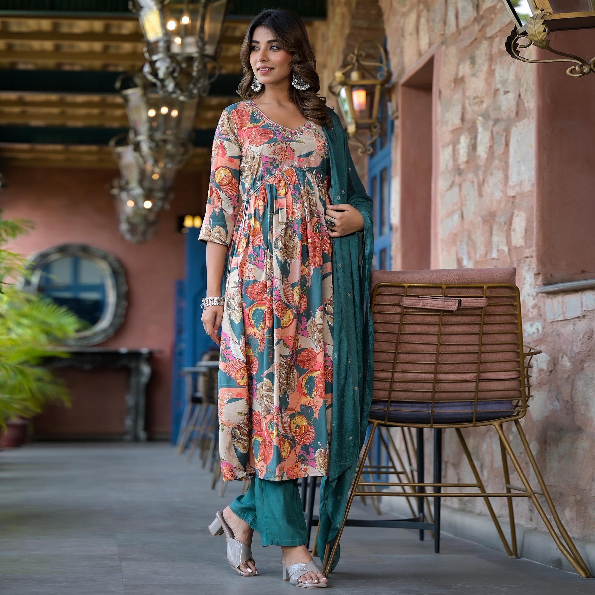 Teal Blue Floral Foil Printed Muslin Alia Cut Salwar Suit With Handcrafted
