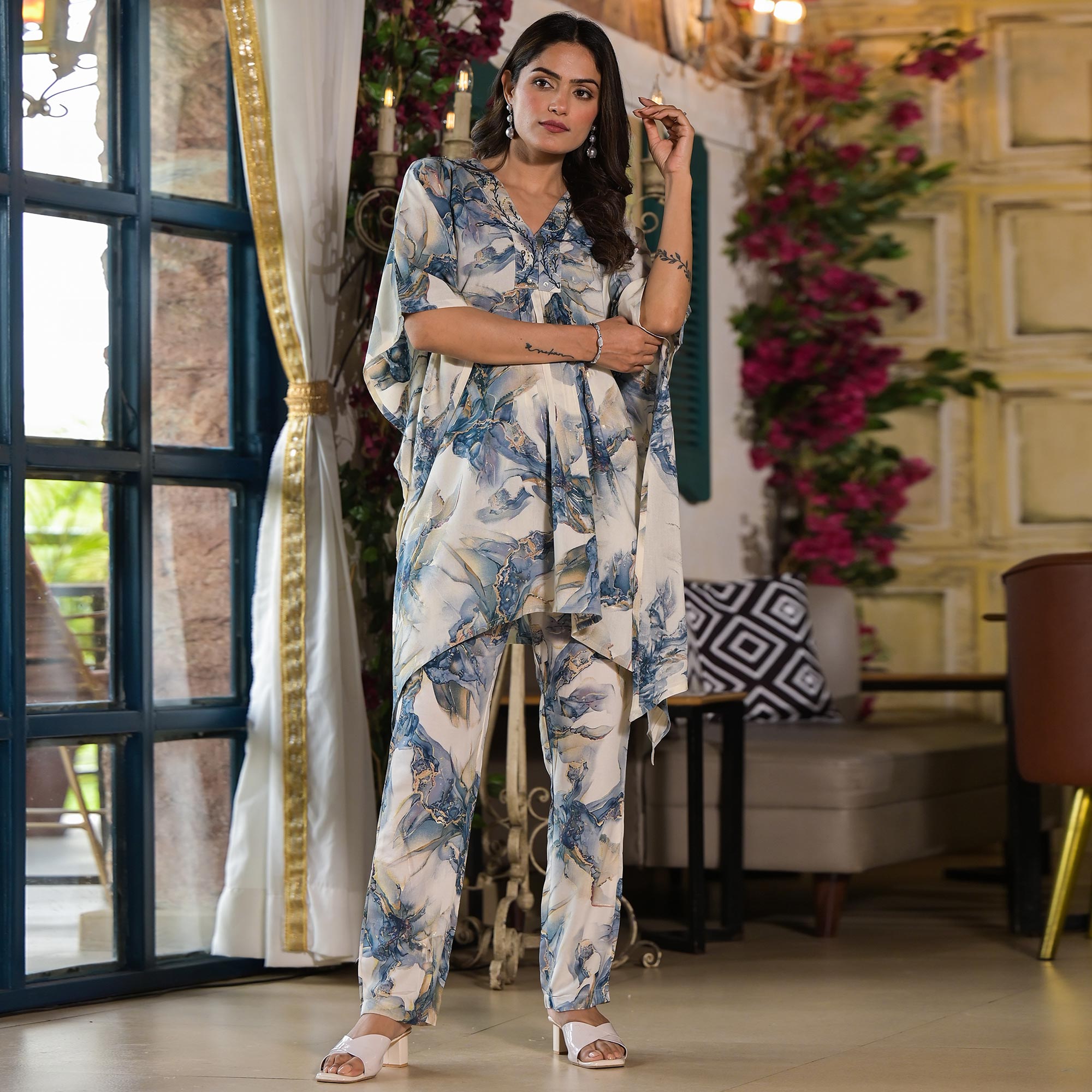 Grey Foil Printed Rayon Kaftan Co-Ord Set