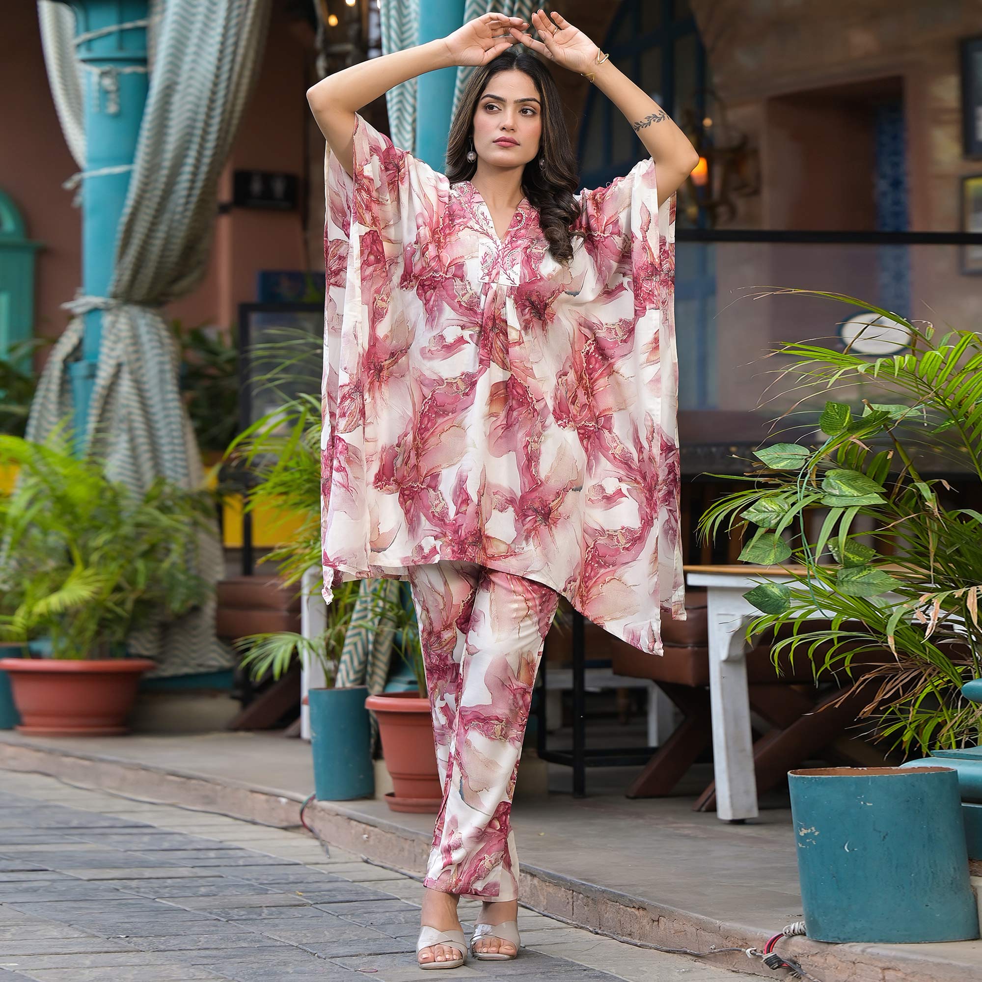 Mauve Foil Printed Rayon Kaftan Co-Ord Set