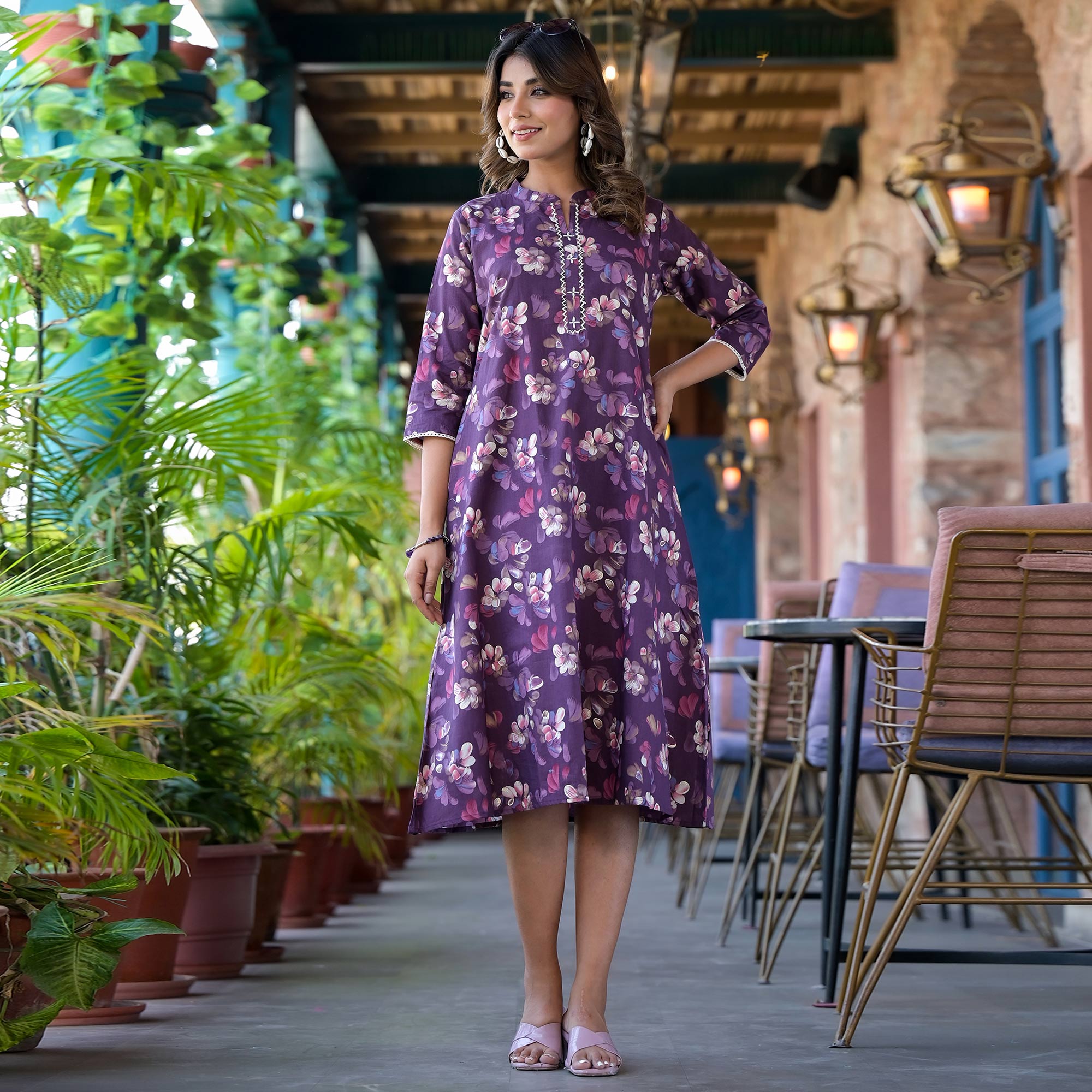 Dark Purple Floral Foil Printed Giza Cotton A-Line Dress