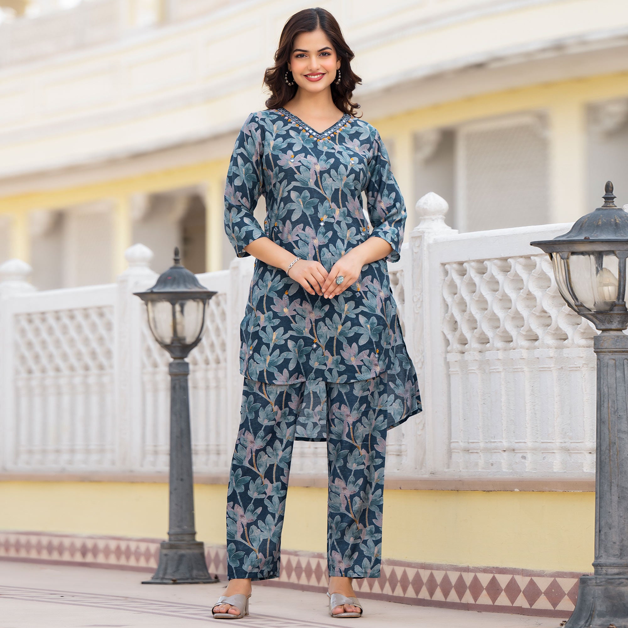 Teal Blue Floral Printed Chanderi Silk Co-Ord Set