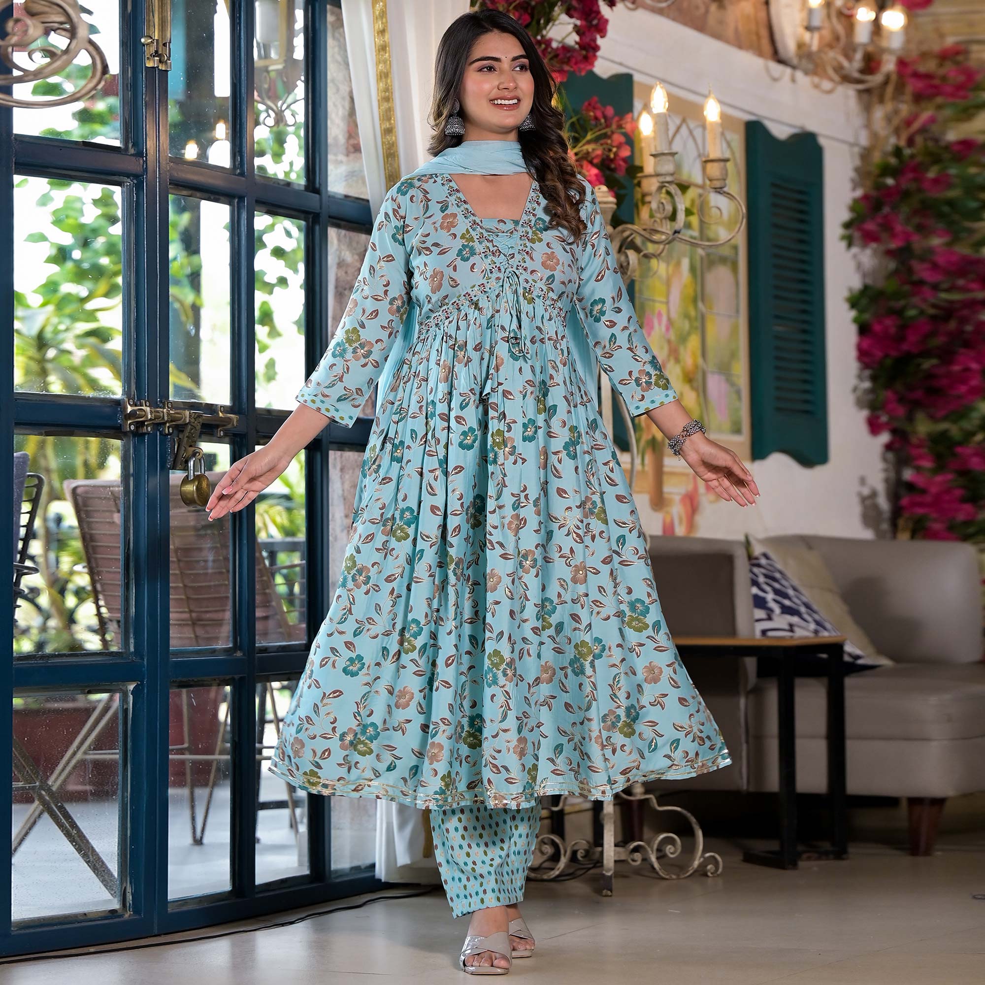 Turquoise Floral Alia Cut Chanderi Silk Salwar Suit With Zardosi Work