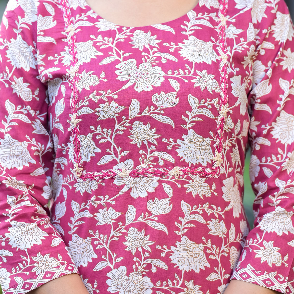 Wine Floral Printed Pure Cotton Salwar Suit