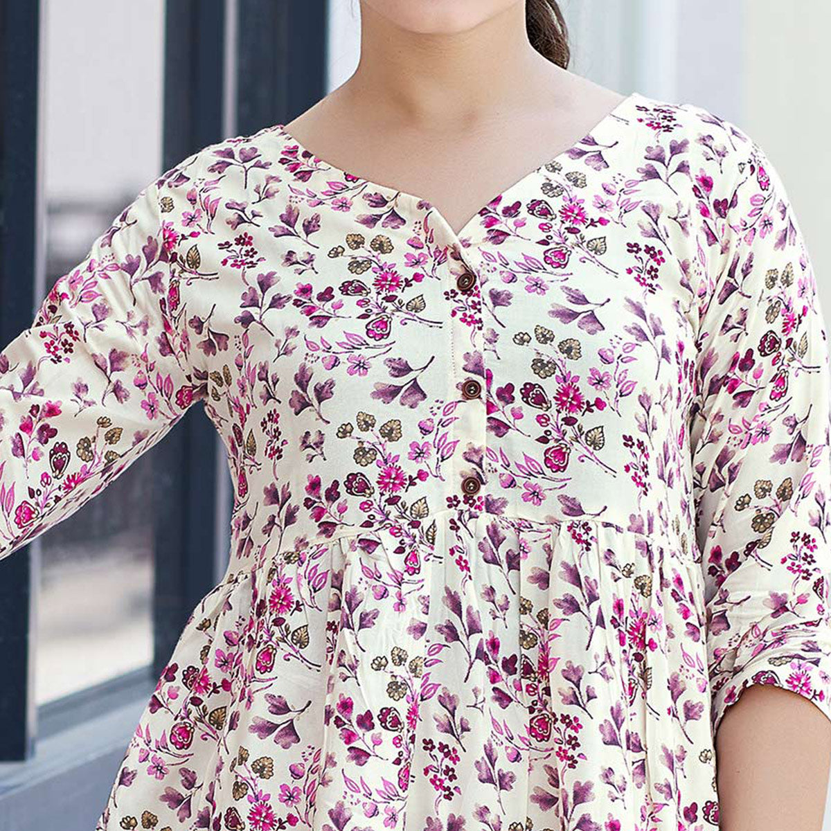 Pink Floral Printed Rayon A-Line Top