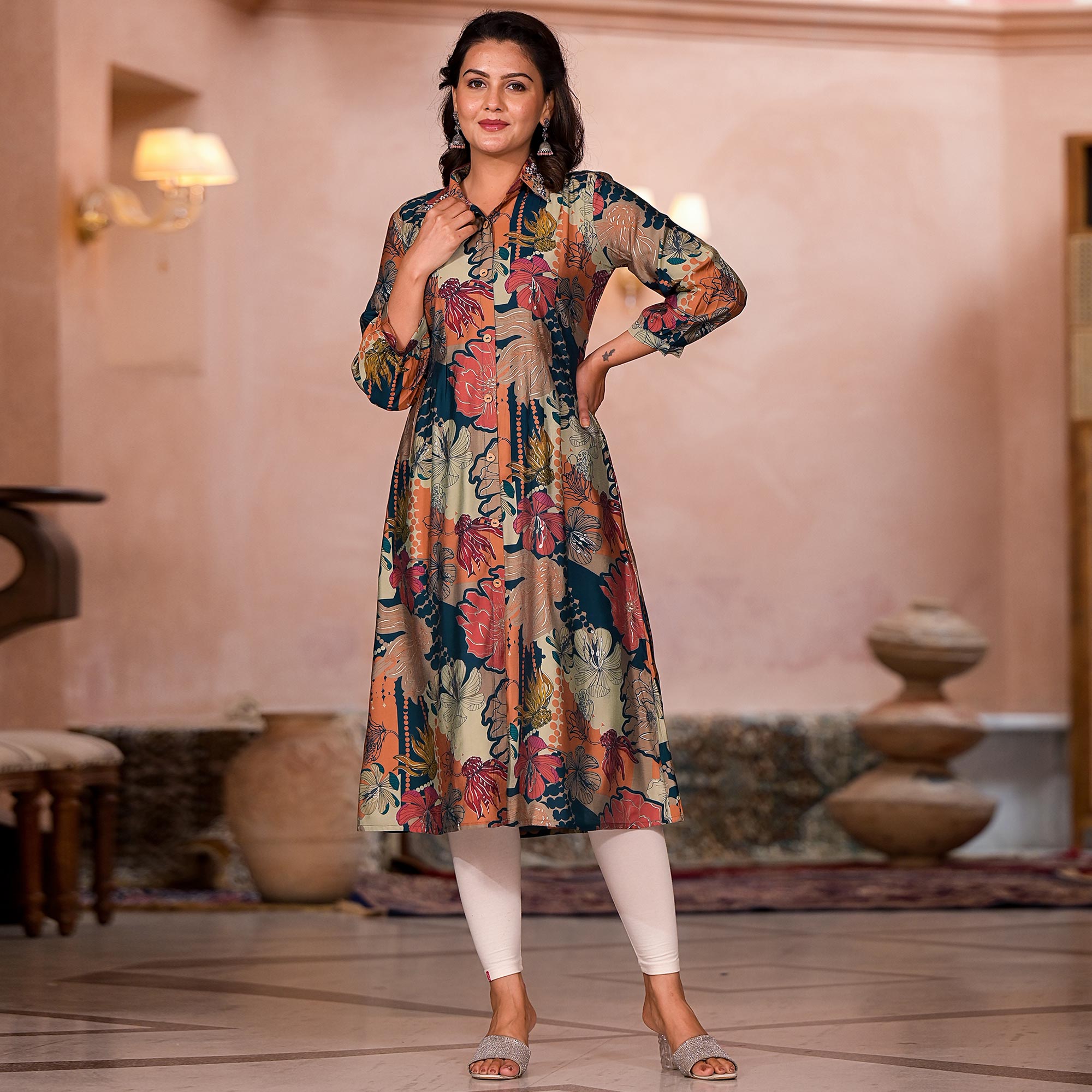 Green Floral Printed Chanderi Silk A-Line Dress