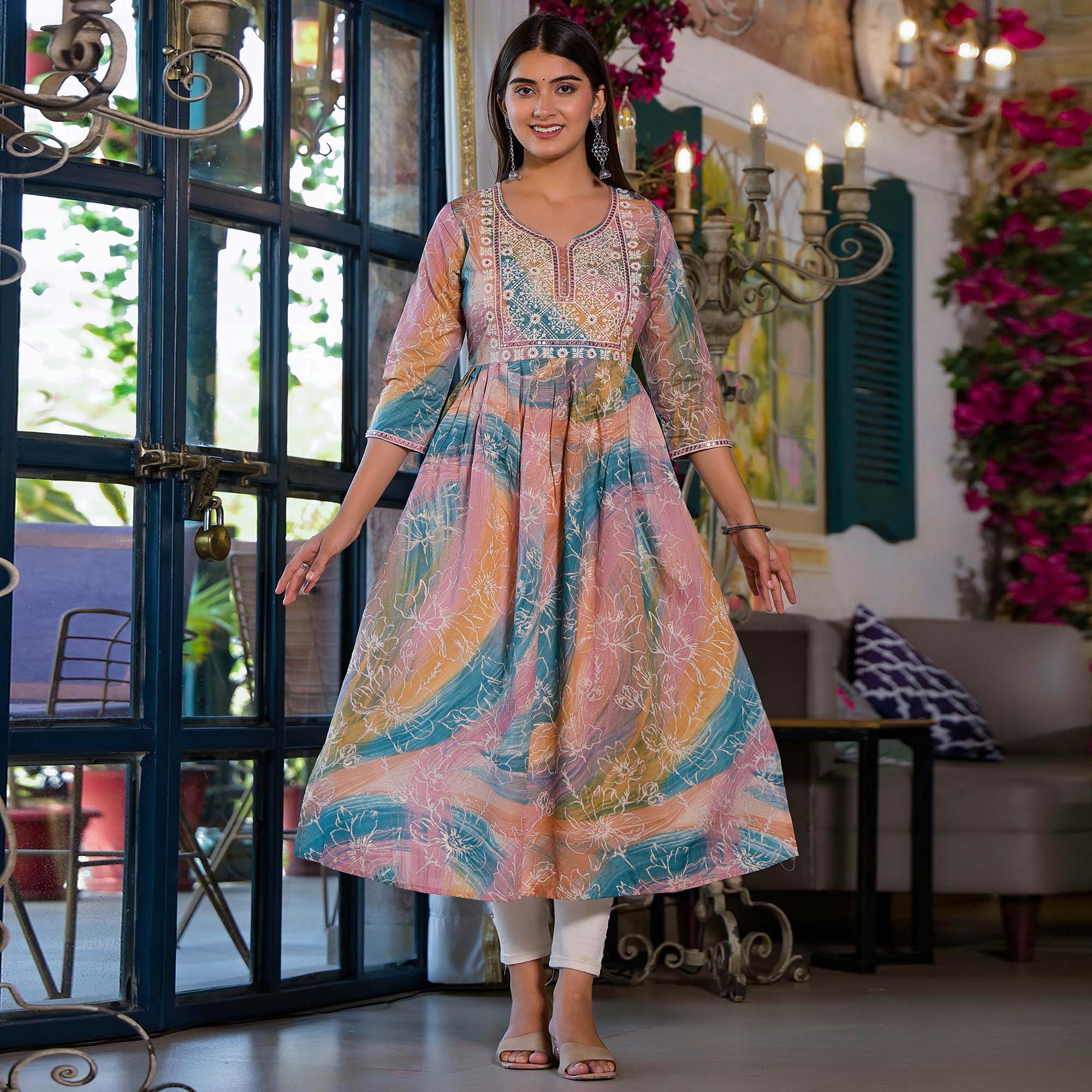 Peach Printed Cambric Cotton Naira Cut Kurti