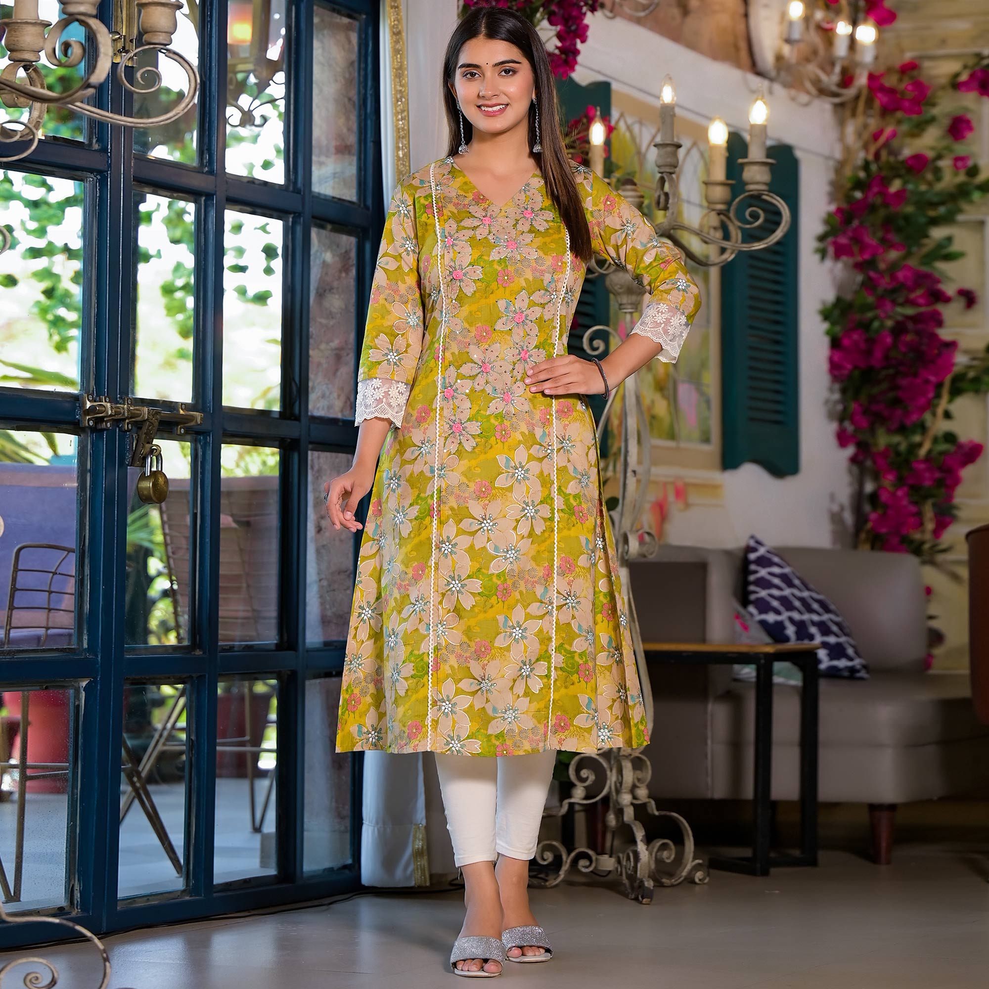 Dark Lemon Green Floral Printed Giza Cotton Maxi Dress