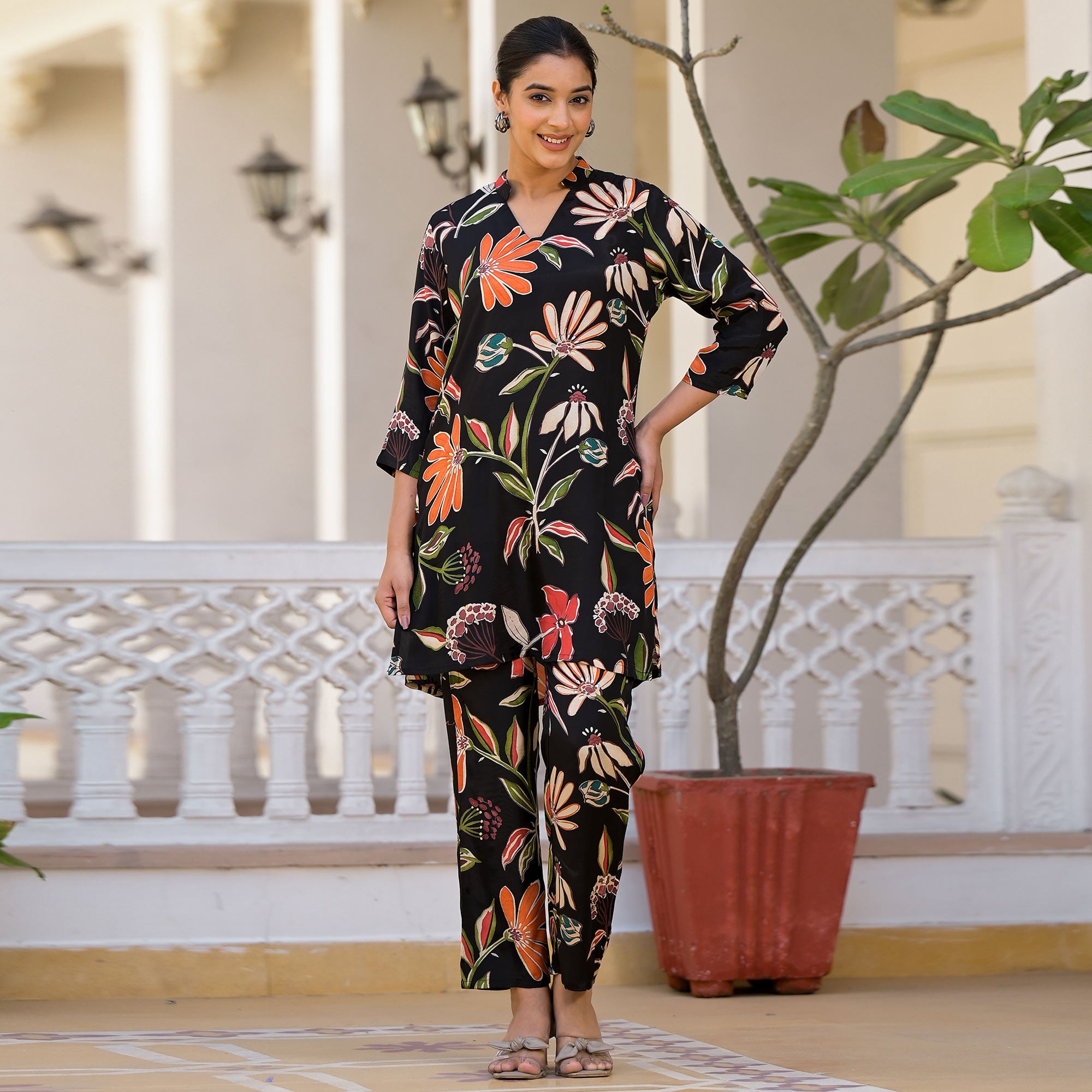 Black Floral Printed Muslin Co Ord Set