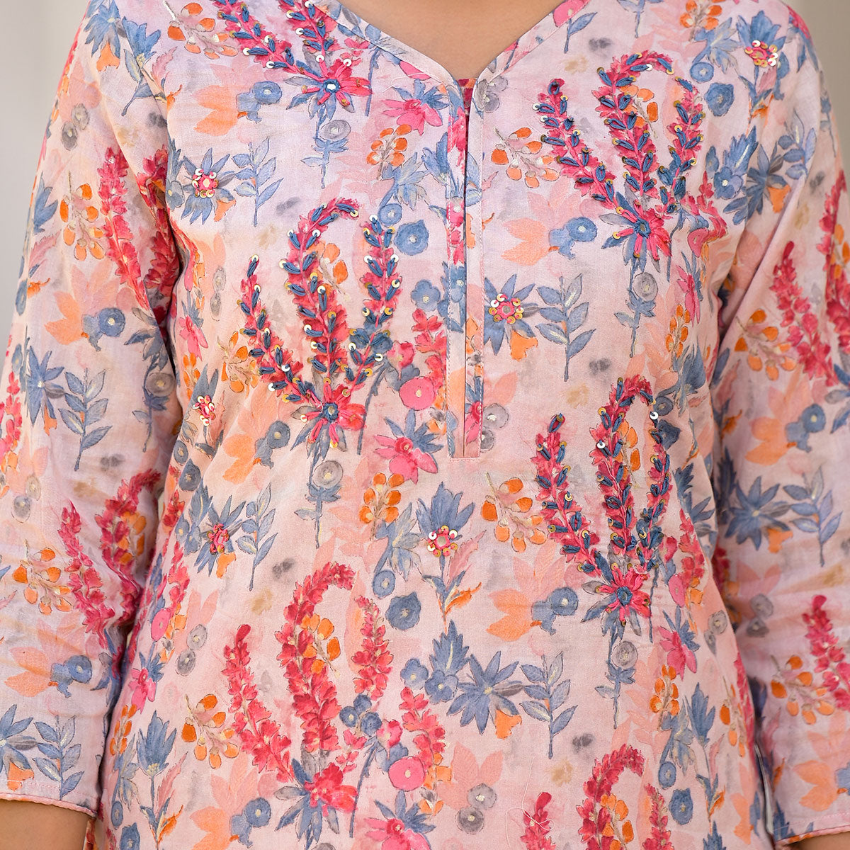 Peach Floral Printed Mulmul Cotton Salwar Suit With Handcrafted