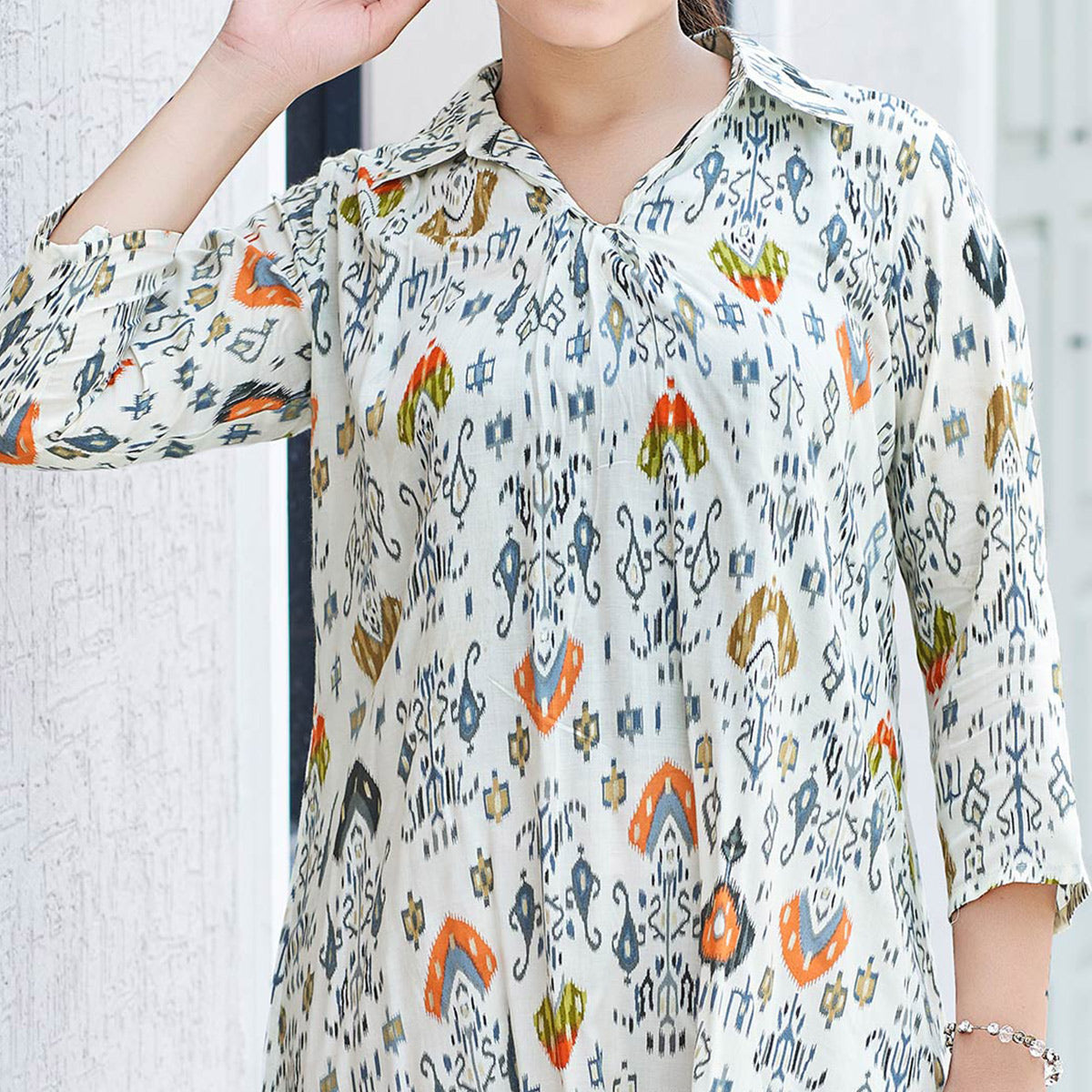 White & Orange Printed Chanderi Silk Top