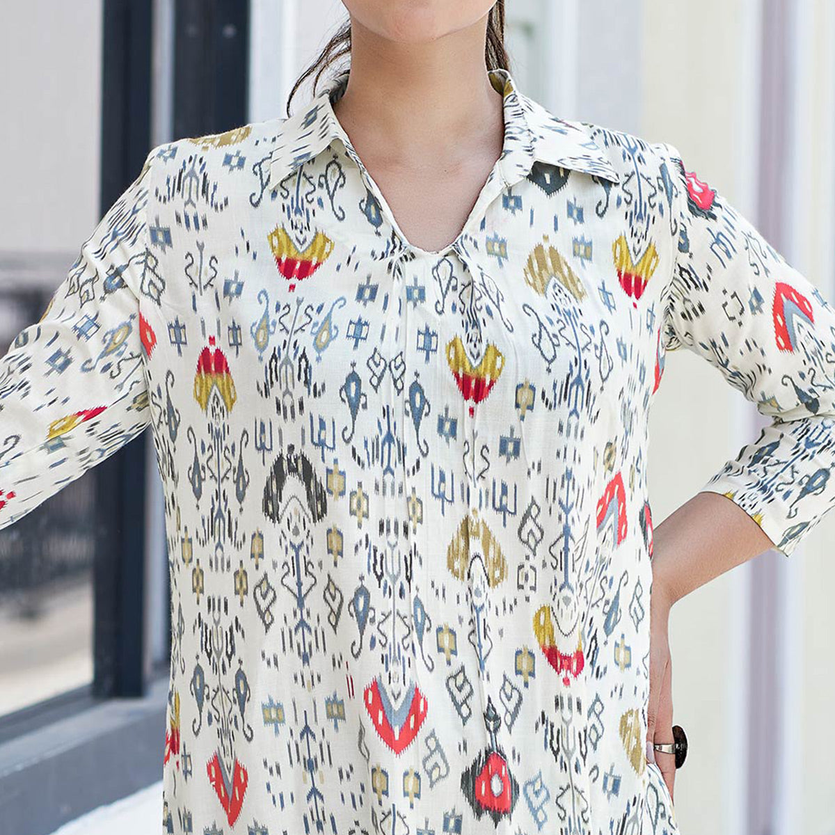 White & Red Printed Chanderi Silk A-Line Top