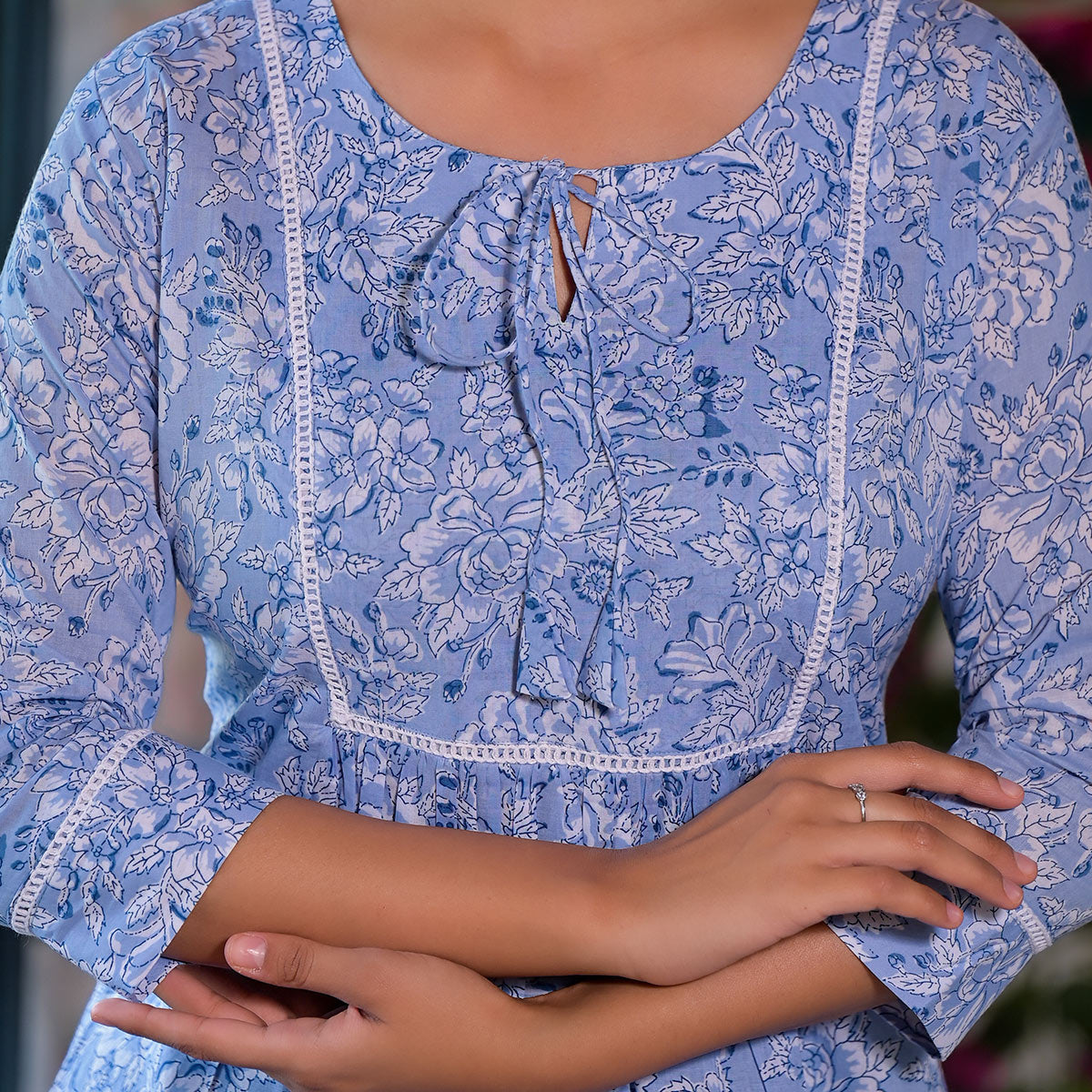 Blue Floral Printed Pure Cotton A-Line Top