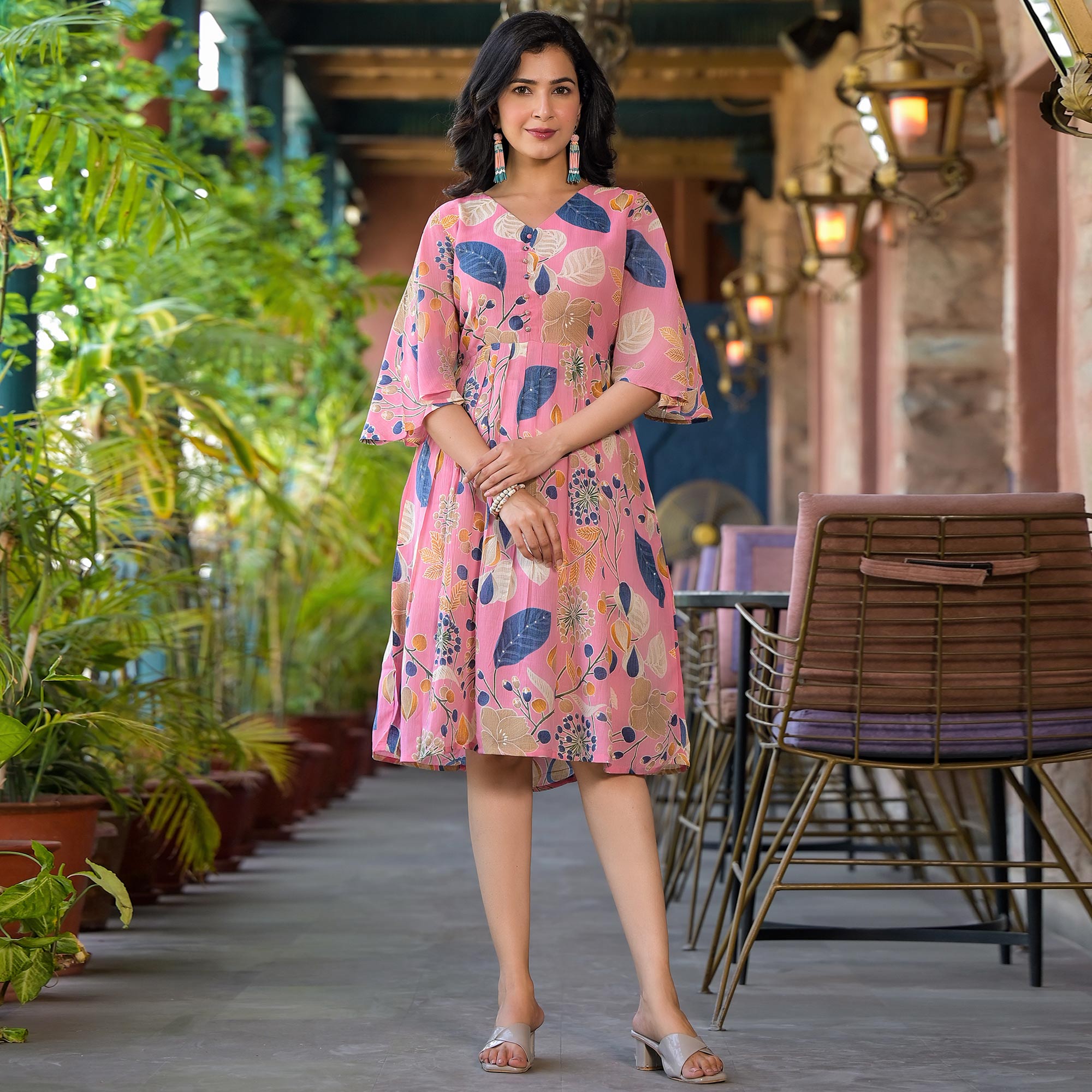 Pink Floral Foil Printed Chiffon A-Line Dress