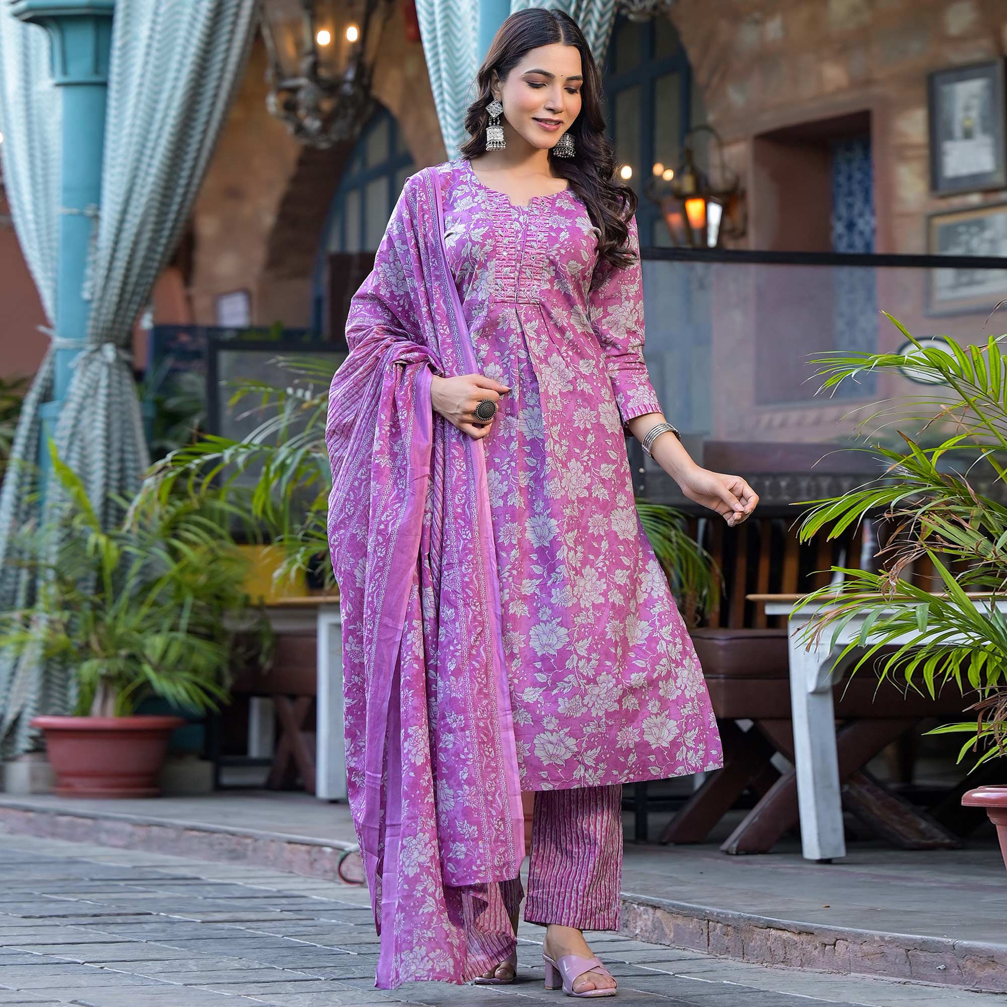 Purple Floral Printed With Katha Work Pure Cotton Straight Salwar Suit