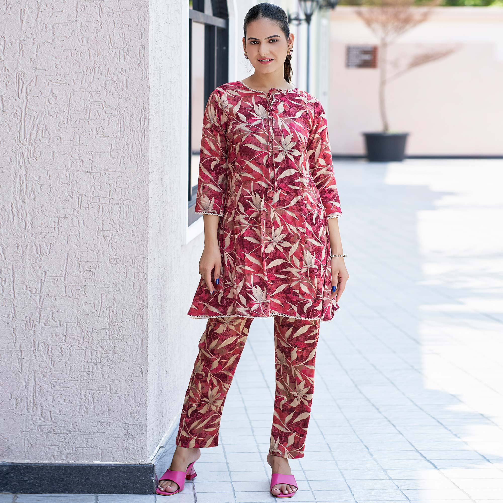 Peach Floral Printed Rayon Co-Ord Set