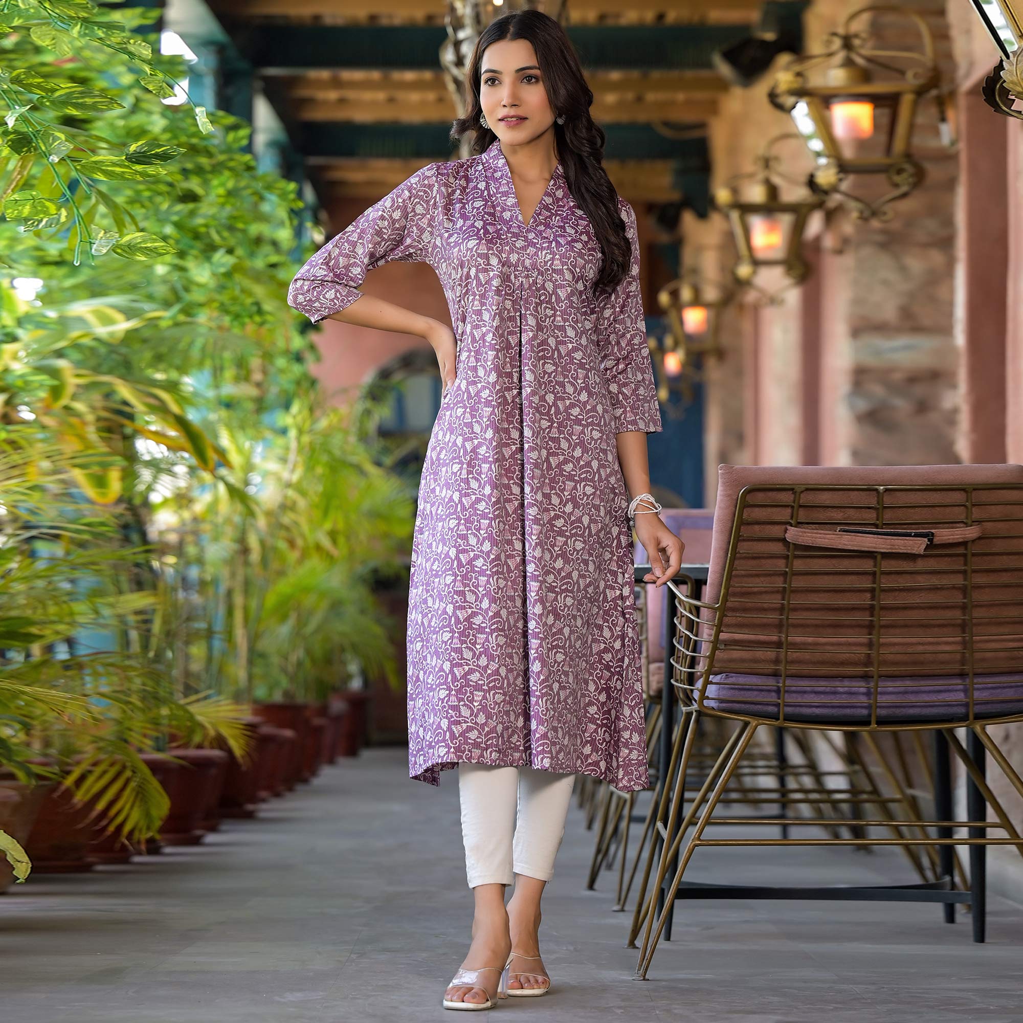 Purple Floral Printed Rayon A-line Kurti