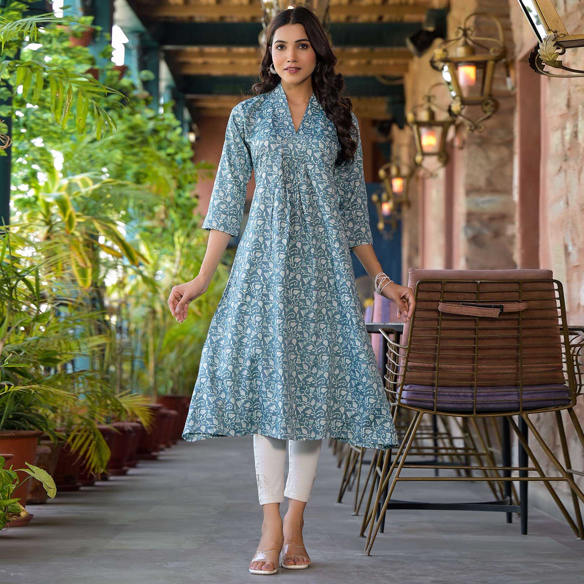 Turquoise Floral Printed Rayon A-line Kurti