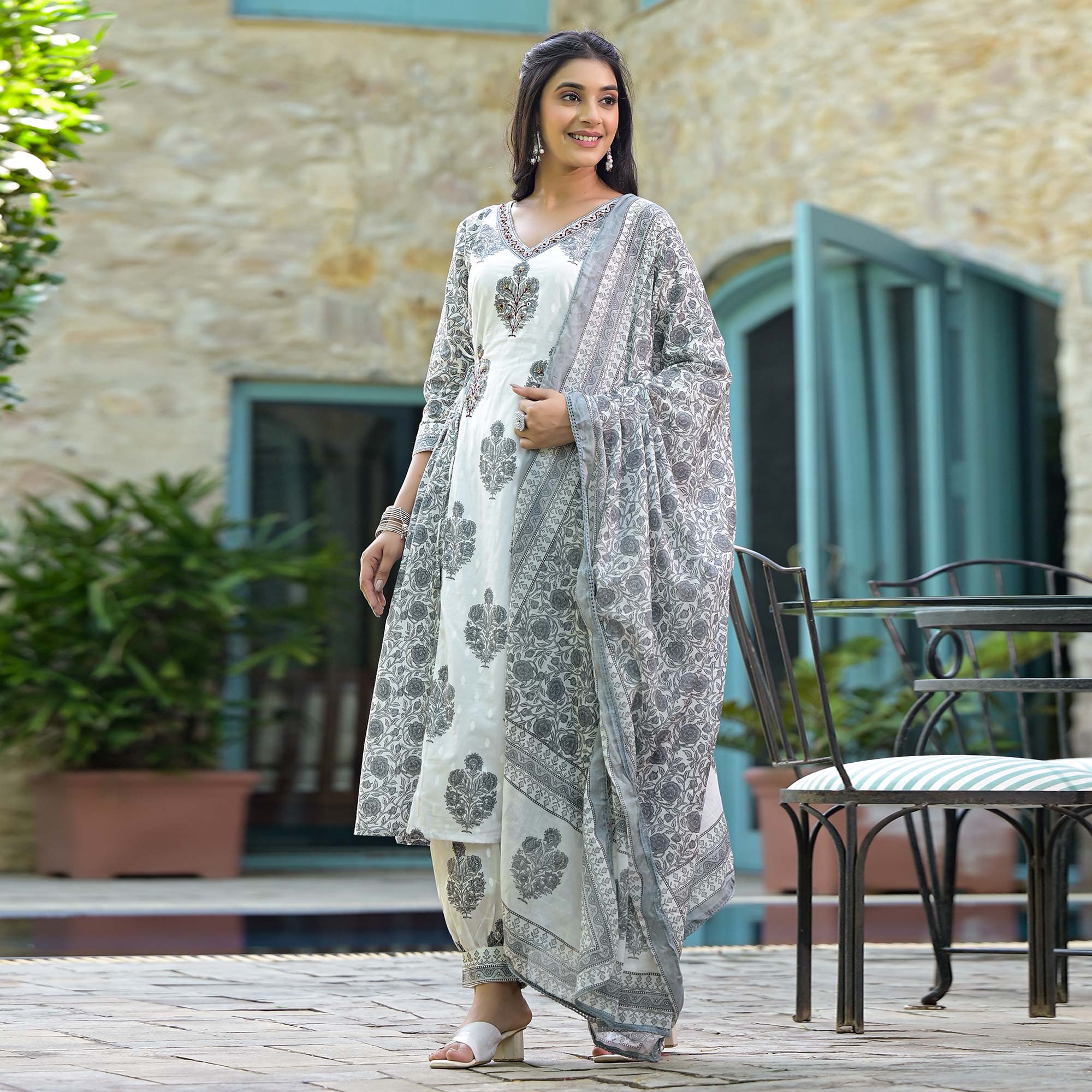 White Floral Printed Pure Cotton Salwar Suit With Beads Work