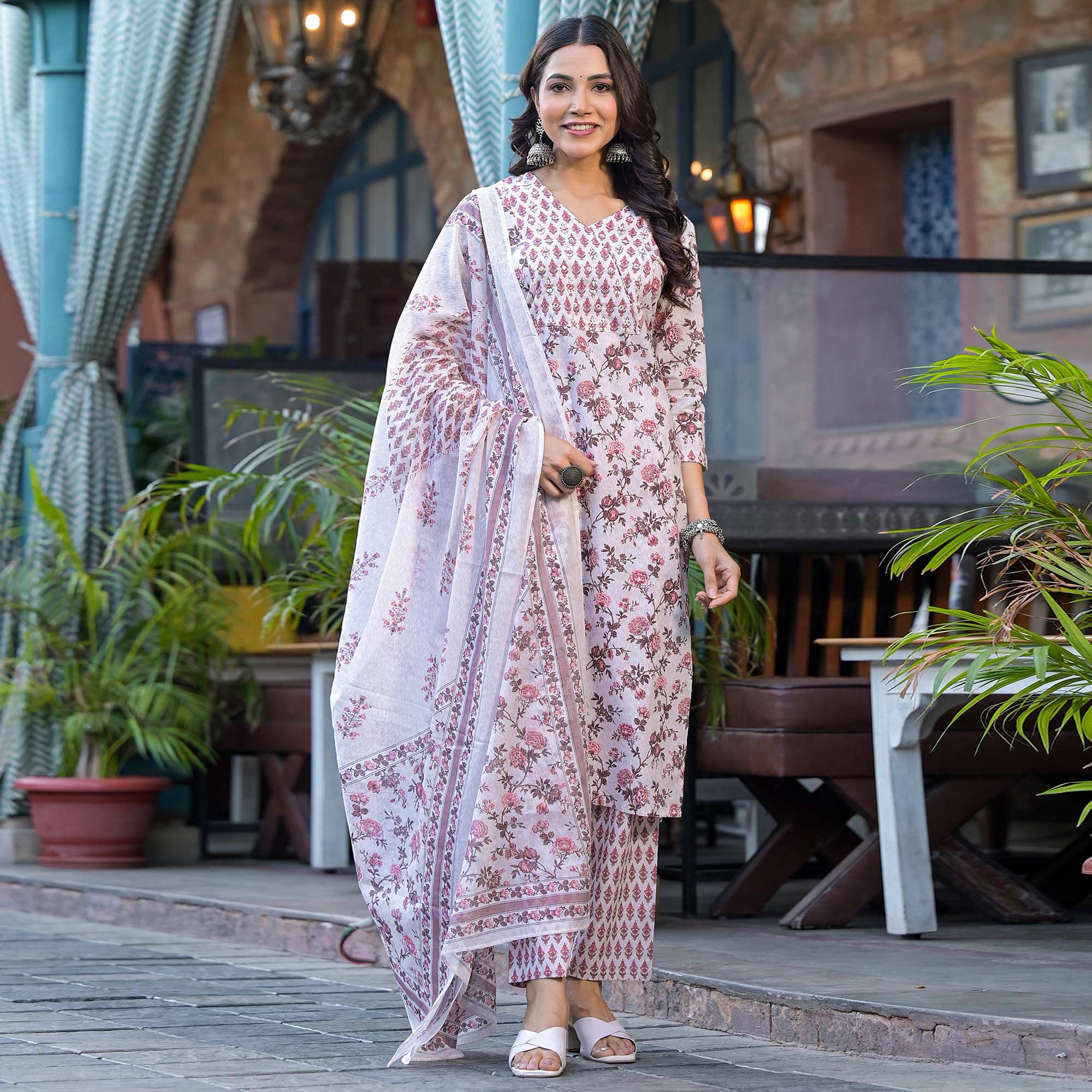 White Floral Printed Pure Cotton Salwar Suit