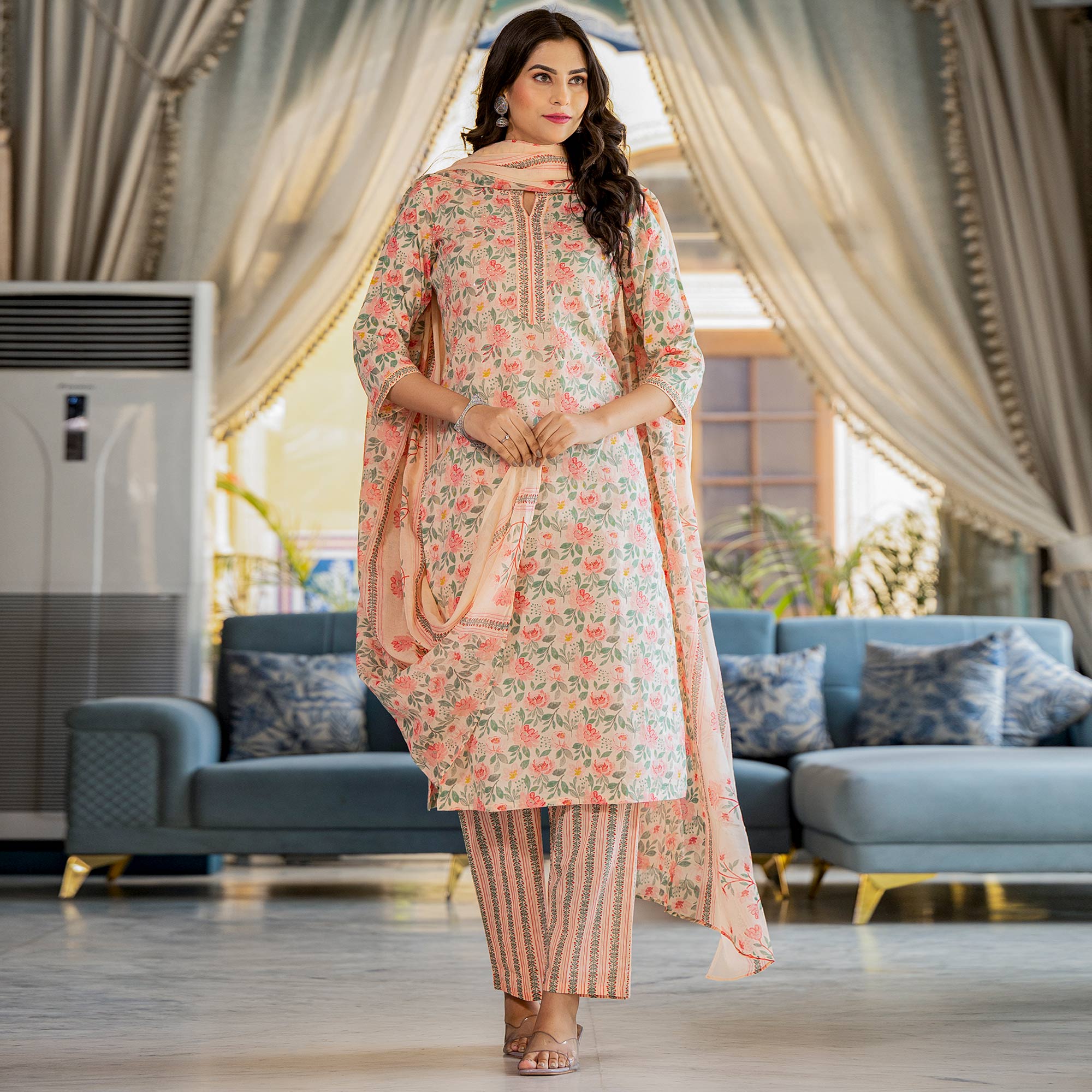 Peach Floral Printed Pure Cotton Salwar Suit