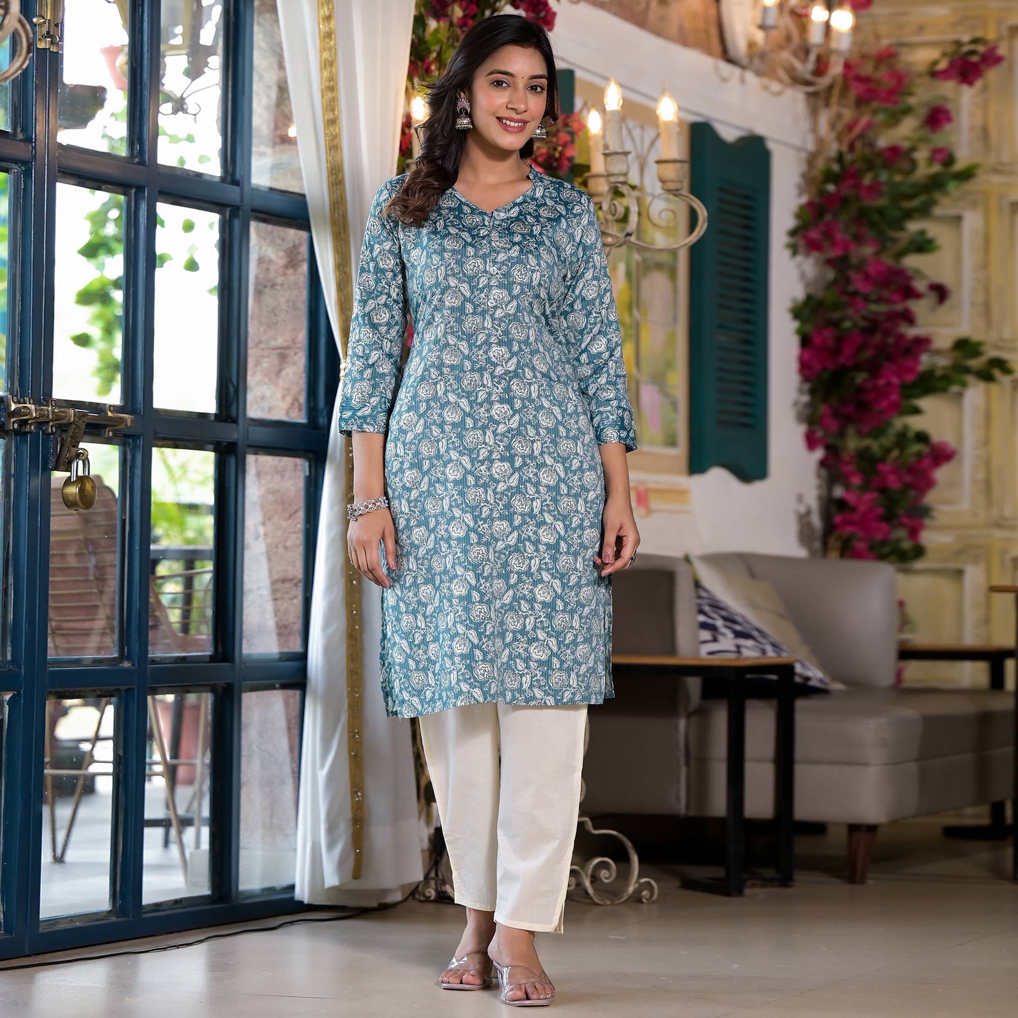 Pine Green Floral Printed Rayon Straight Kurti