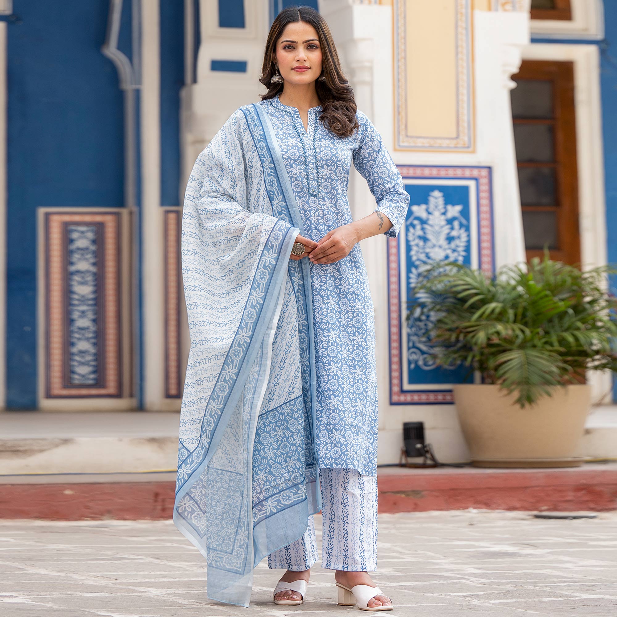 Blue Floral Printed Pure Cotton Salwar Suit