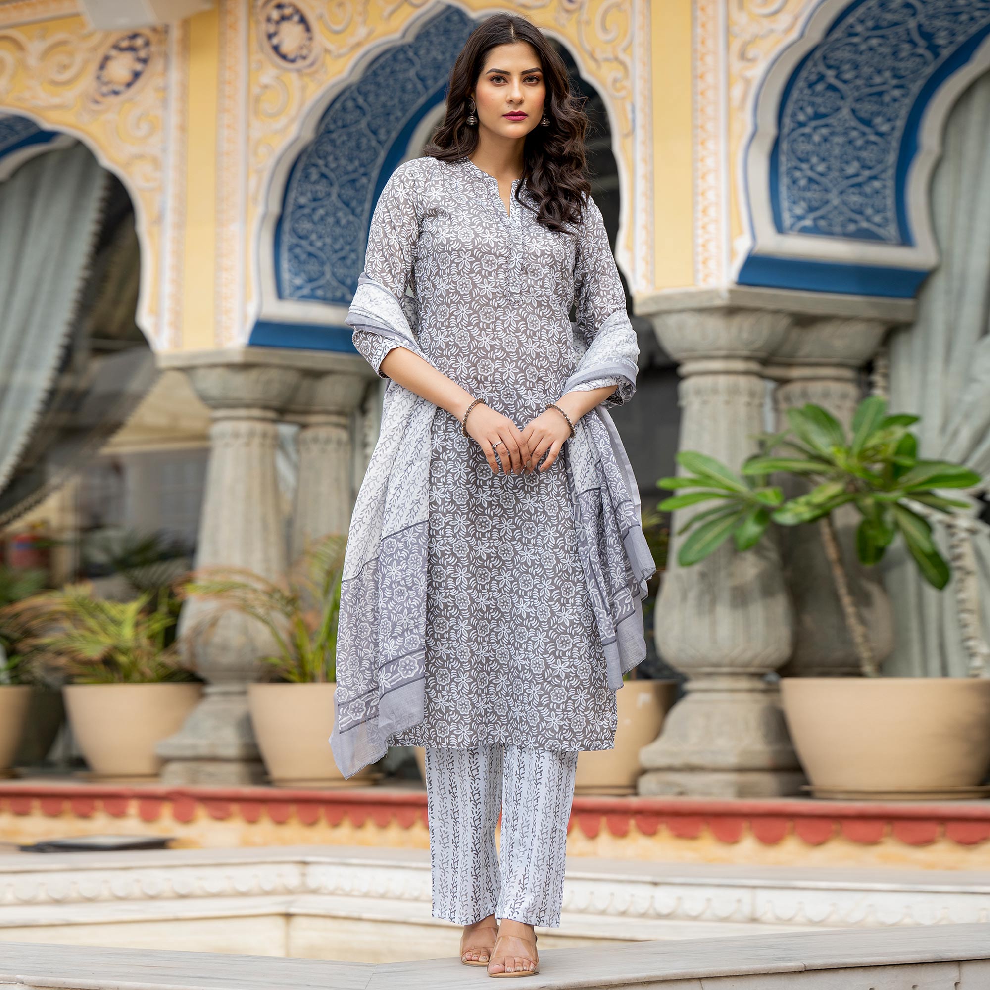 Grey Floral Printed Pure Cotton Salwar Suit